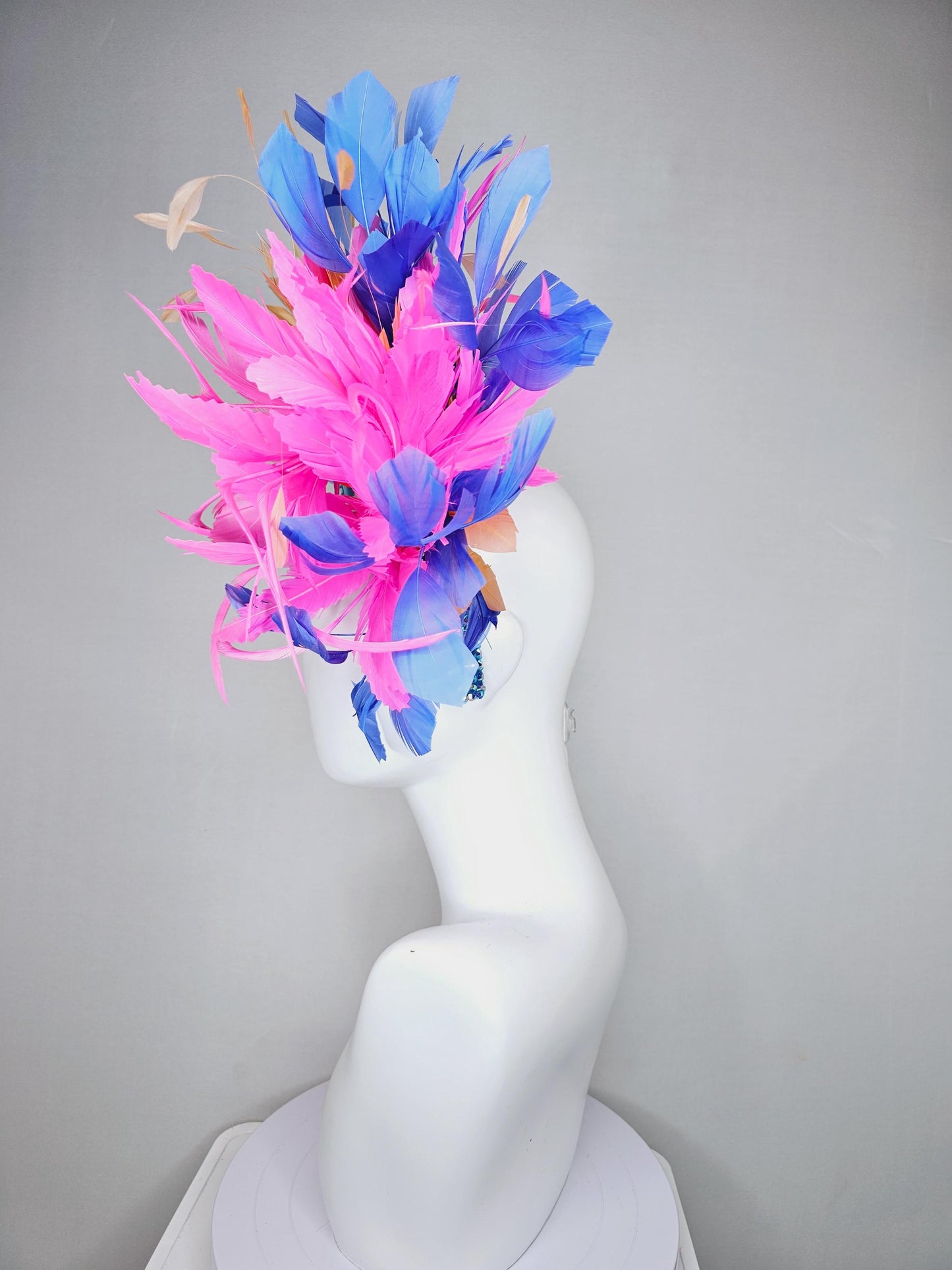 kentucky derby hat fascinator iridescent sky blue crystal headband pink zigzag feather flowers light tangerine orange cobalt blue feathers