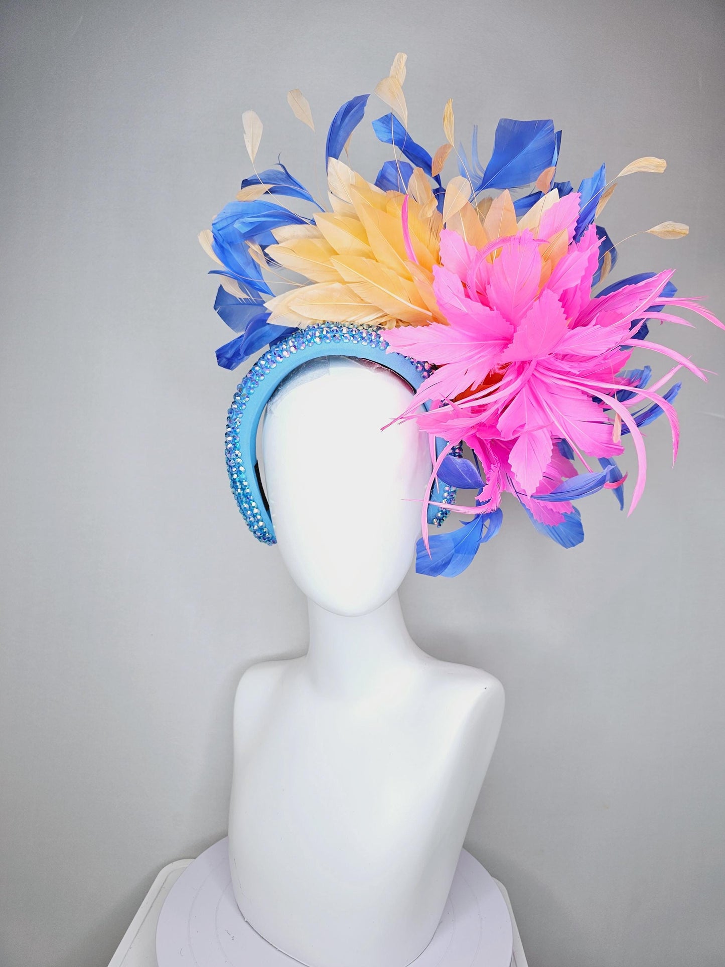 kentucky derby hat fascinator iridescent sky blue crystal headband pink zigzag feather flowers light tangerine orange cobalt blue feathers