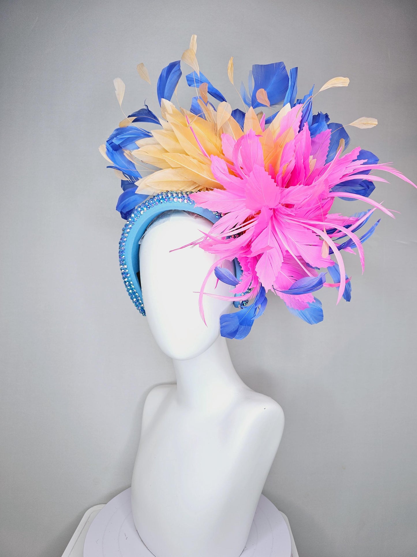 kentucky derby hat fascinator iridescent sky blue crystal headband pink zigzag feather flowers light tangerine orange cobalt blue feathers