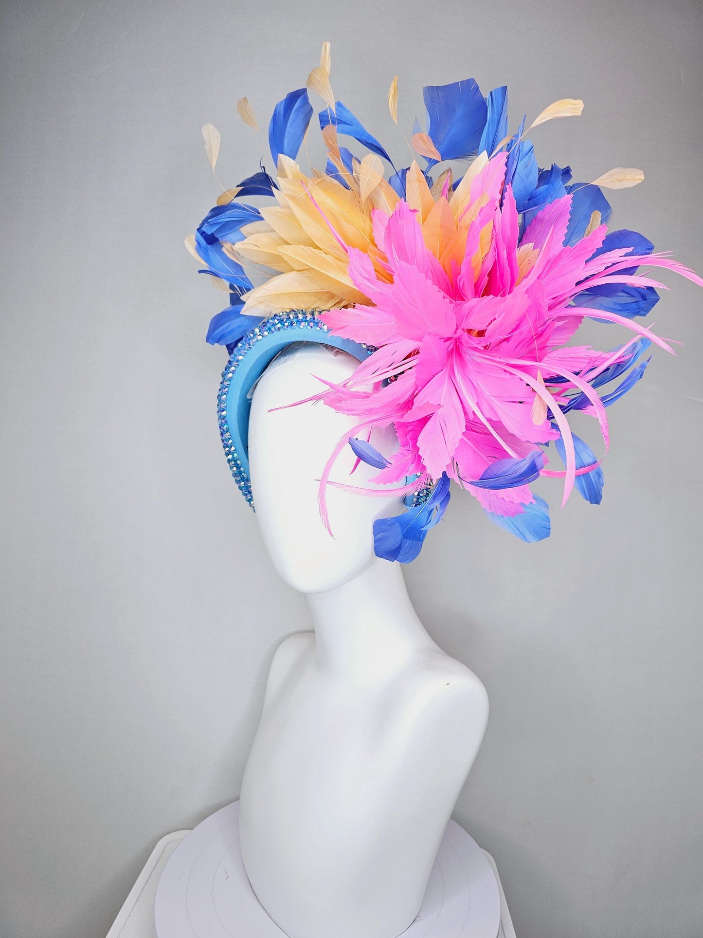 kentucky derby hat fascinator iridescent sky blue crystal headband pink zigzag feather flowers light tangerine orange cobalt blue feathers
