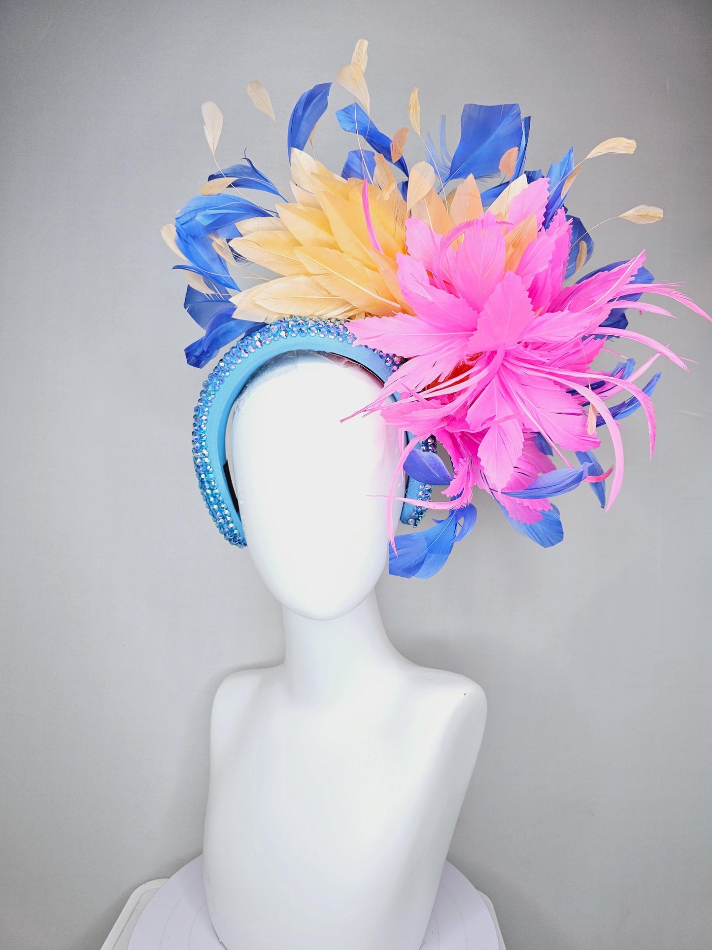 kentucky derby hat fascinator iridescent sky blue crystal headband pink zigzag feather flowers light tangerine orange cobalt blue feathers