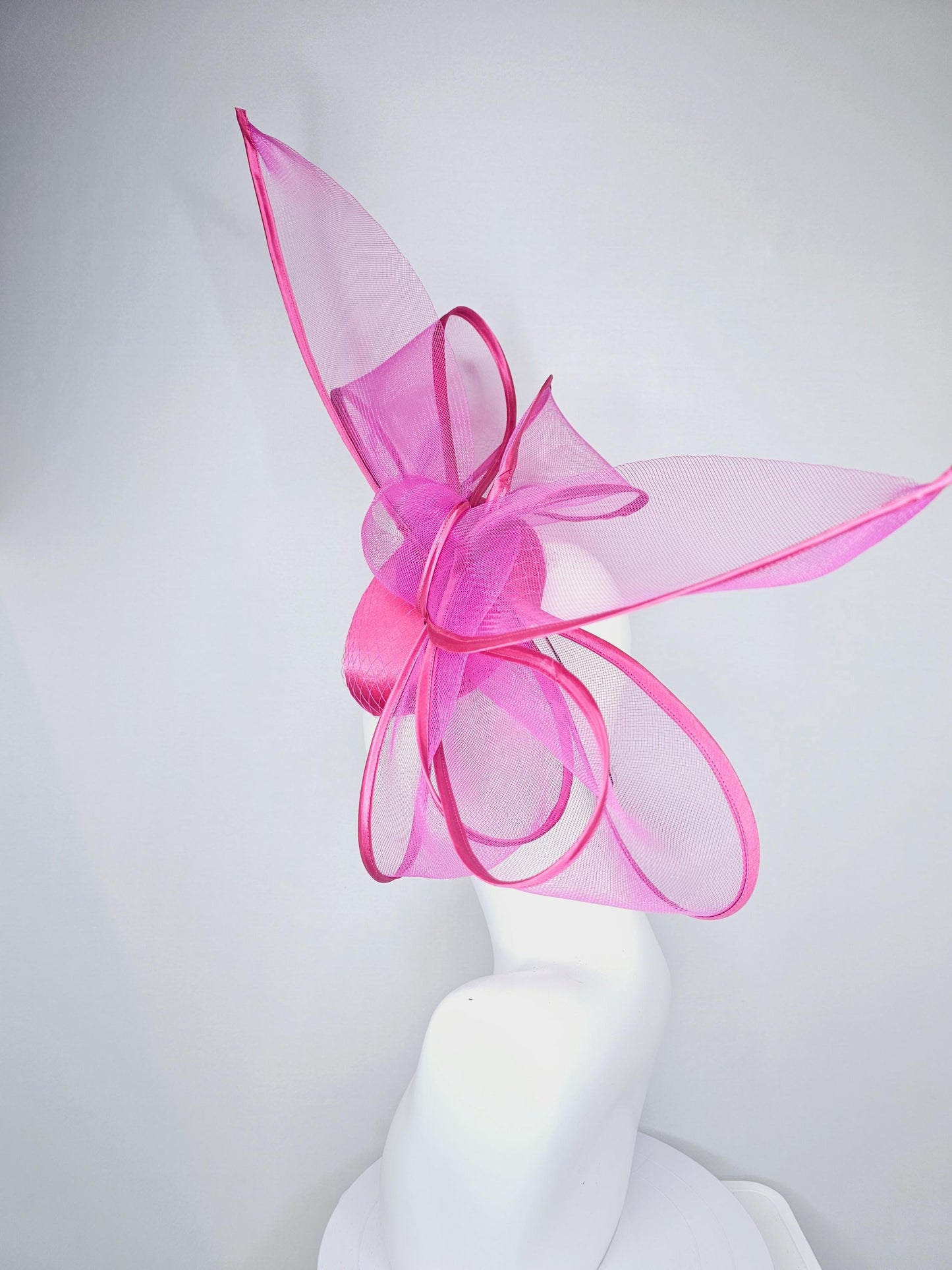kentucky derby hat fascinator hot pink satin base with mesh with very large fuchsia pink mesh bow with matching pink satin trim