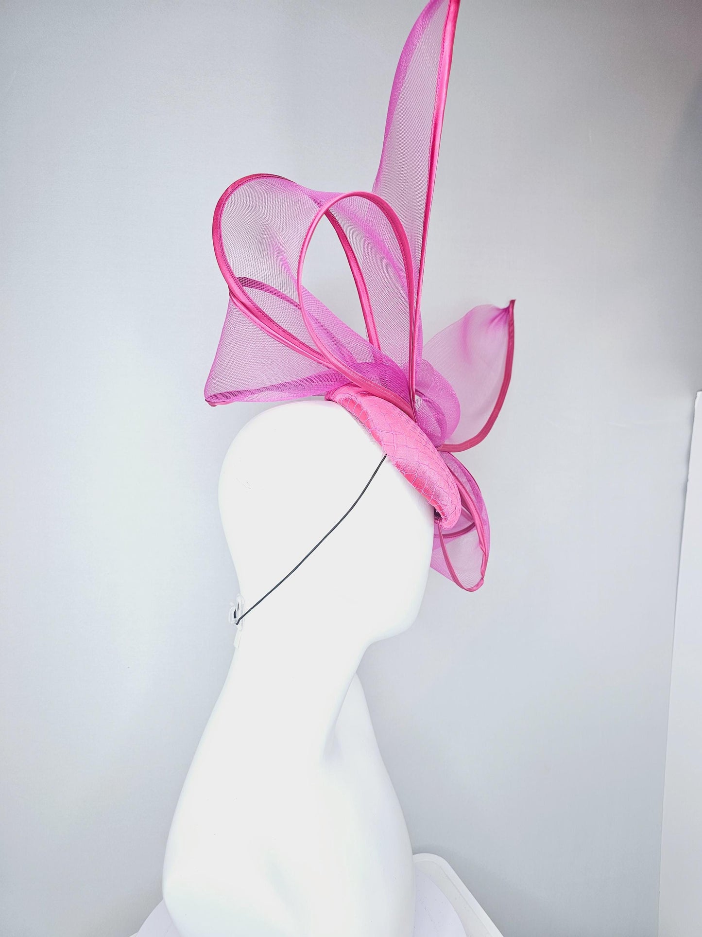 kentucky derby hat fascinator hot pink satin base with mesh with very large fuchsia pink mesh bow with matching pink satin trim