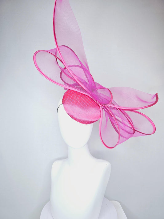 kentucky derby hat fascinator hot pink satin base with mesh with very large fuchsia pink mesh bow with matching pink satin trim