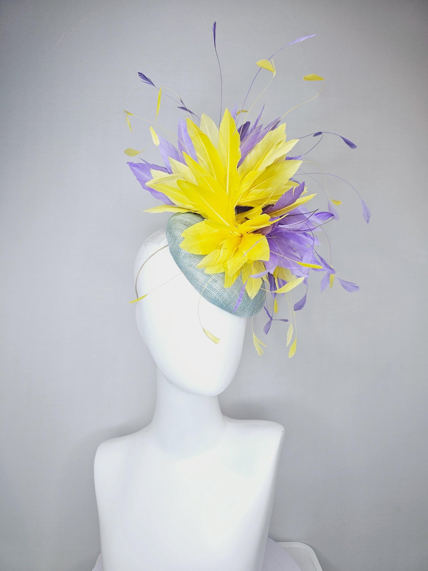 kentucky derby hat fascinator light blue sinamay base with bright yellow and lavender purple feathers