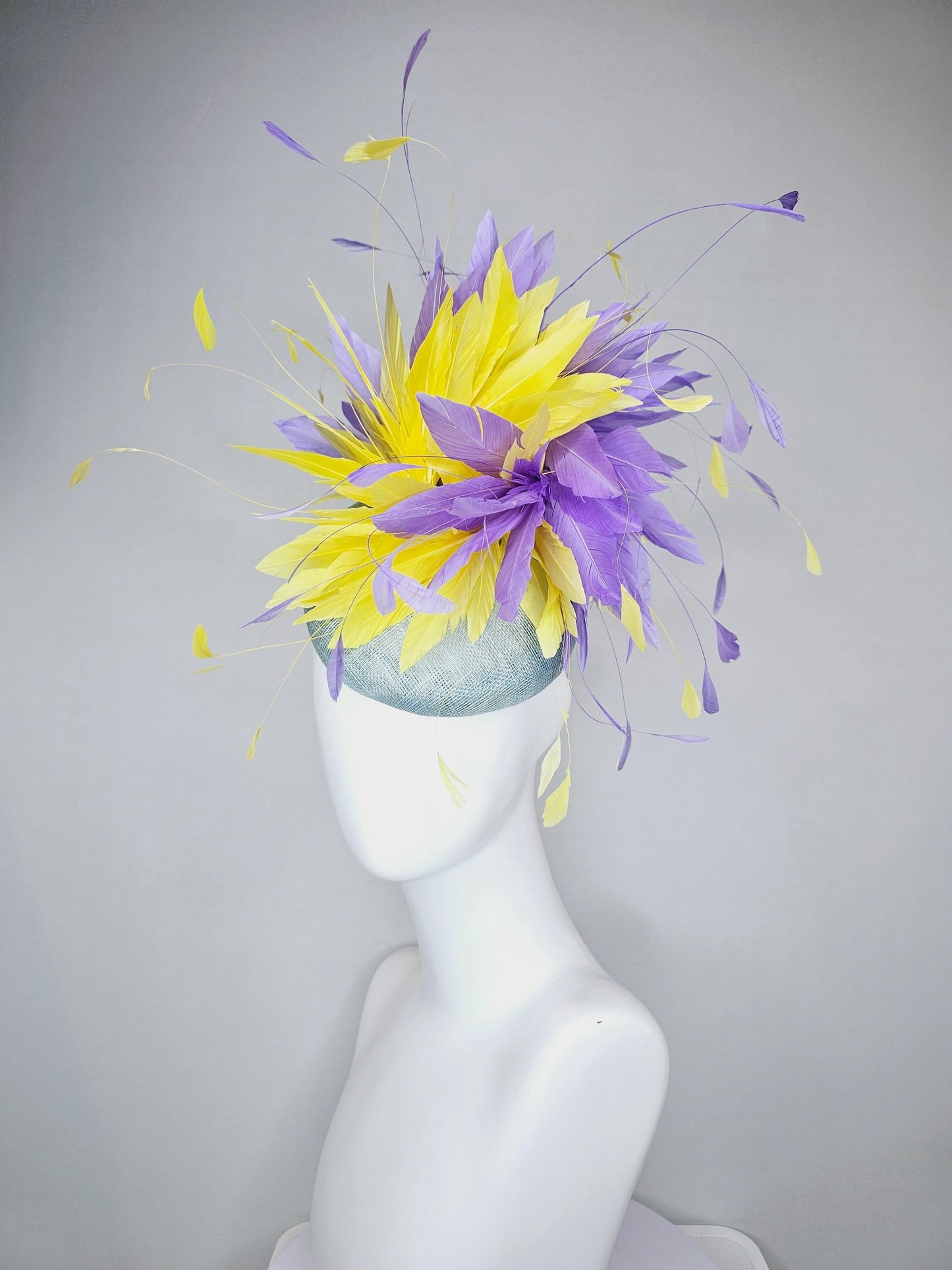 kentucky derby hat fascinator light blue sinamay base with bright yellow and lavender purple feathers