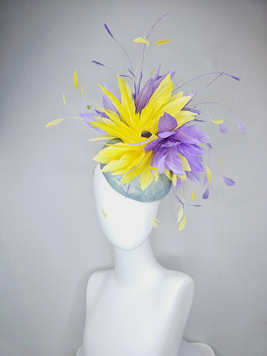 kentucky derby hat fascinator light blue sinamay base with bright yellow and lavender purple feathers