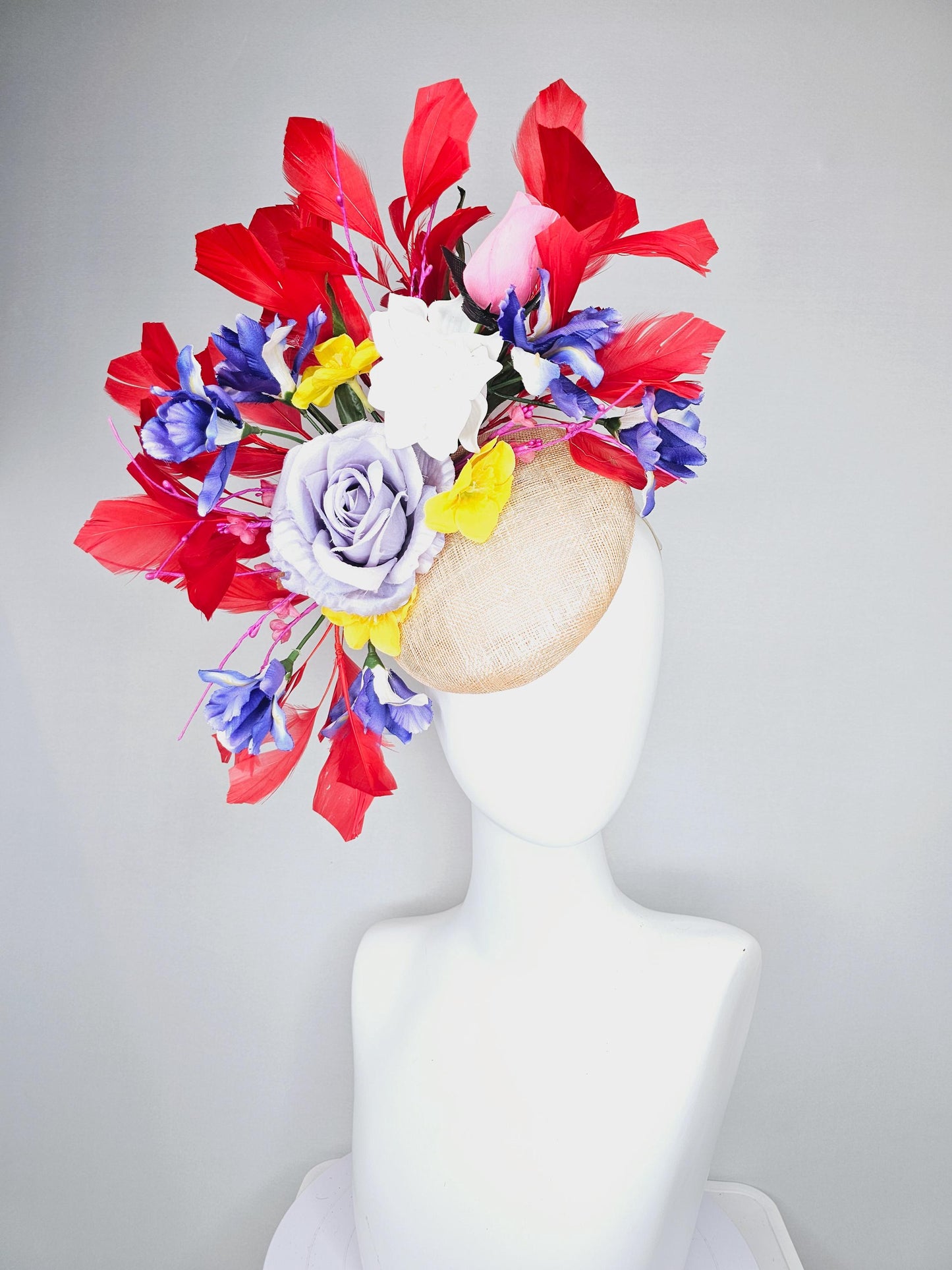 kentucky derby hat fascinator neutral beige sinamay with light purple white satin roses purple blue pink yellow satin flowers red feathers