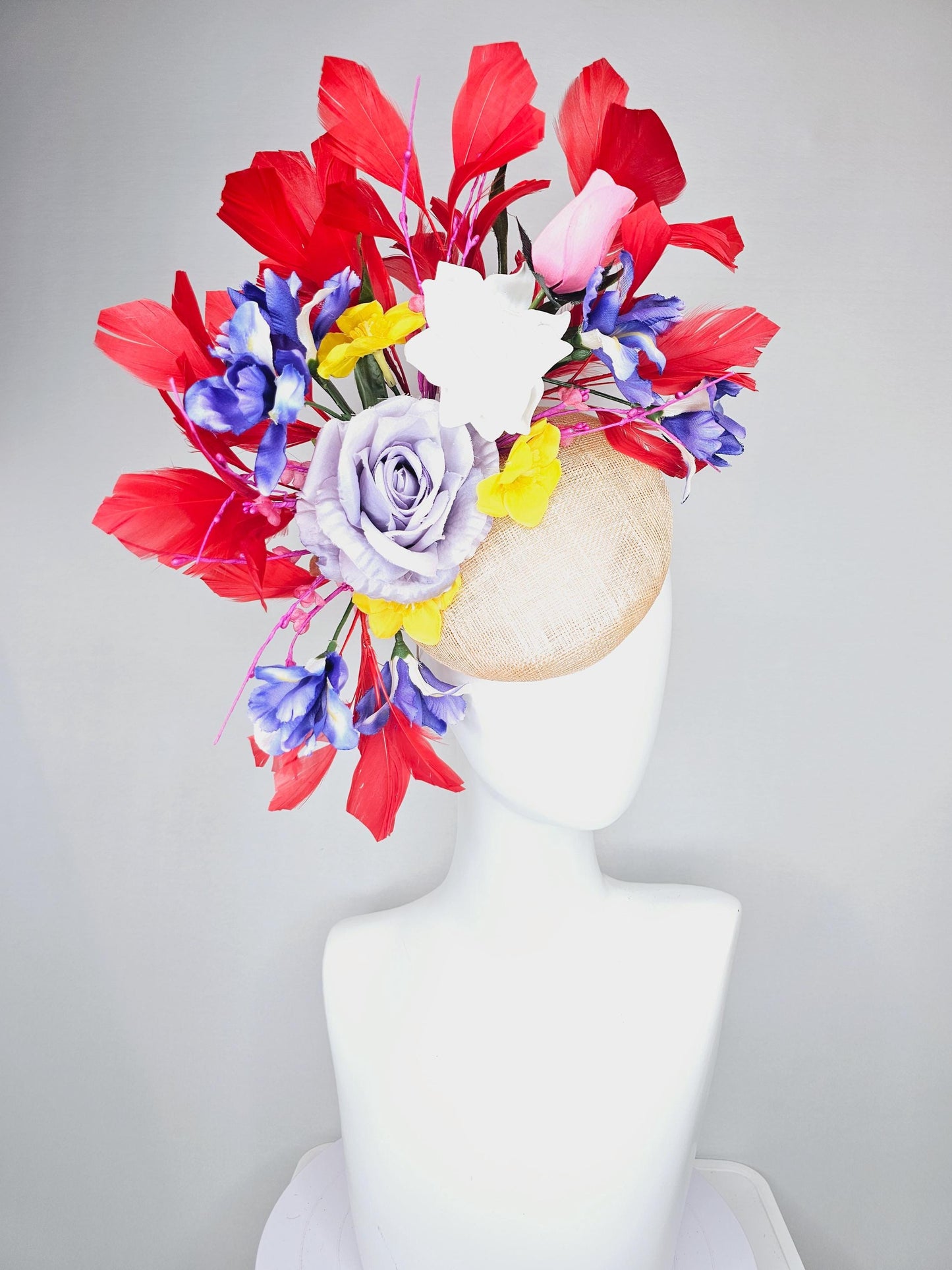 kentucky derby hat fascinator neutral beige sinamay with light purple white satin roses purple blue pink yellow satin flowers red feathers