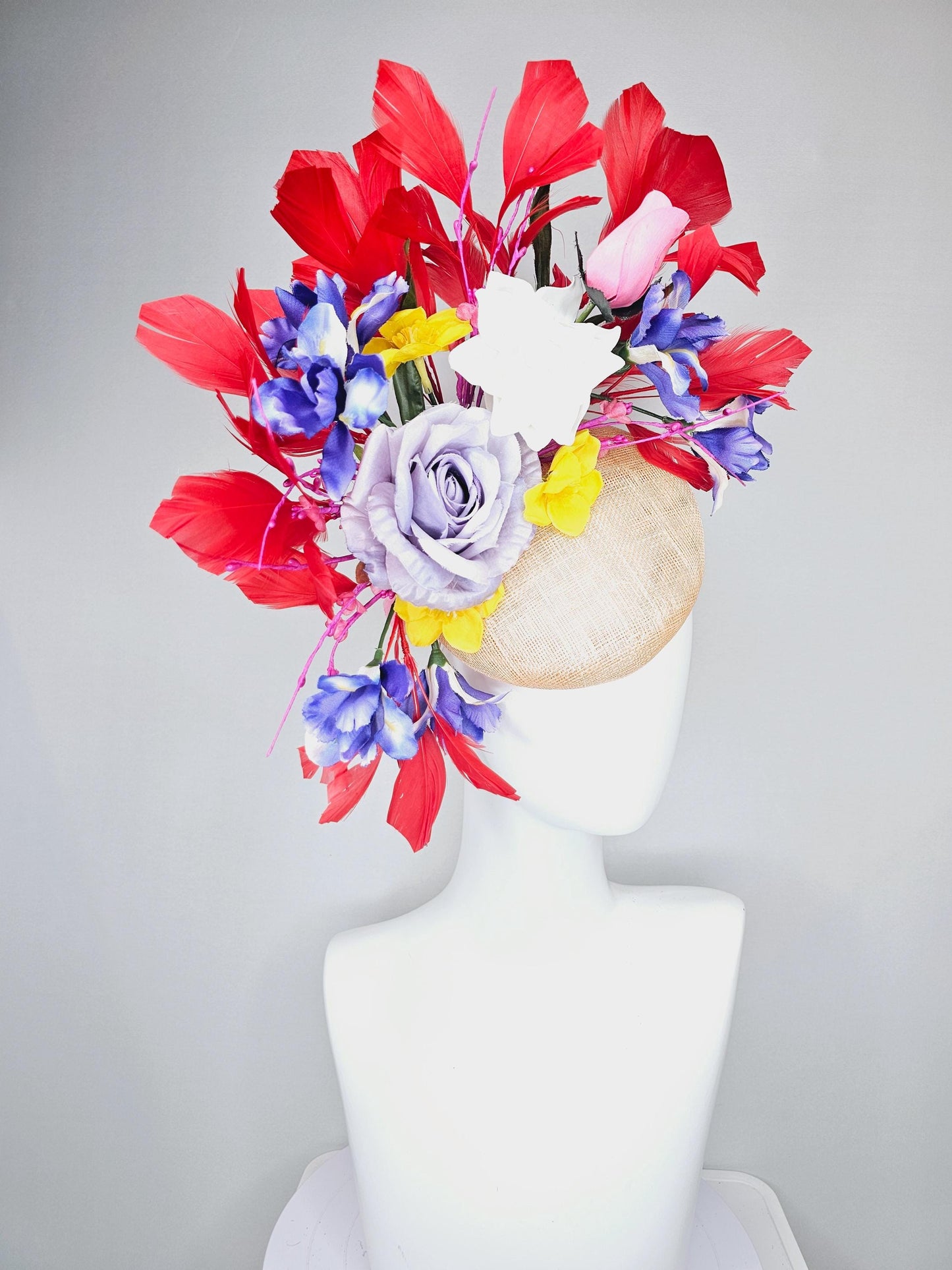 kentucky derby hat fascinator neutral beige sinamay with light purple white satin roses purple blue pink yellow satin flowers red feathers