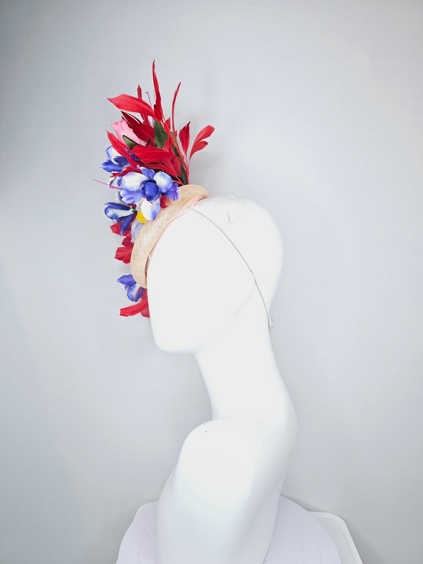 kentucky derby hat fascinator neutral beige sinamay with light purple white satin roses purple blue pink yellow satin flowers red feathers
