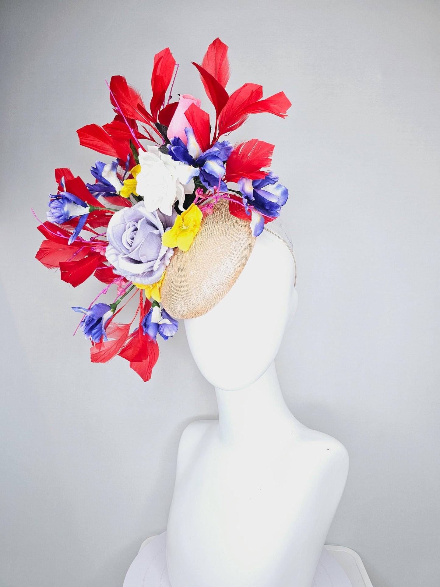 kentucky derby hat fascinator neutral beige sinamay with light purple white satin roses purple blue pink yellow satin flowers red feathers