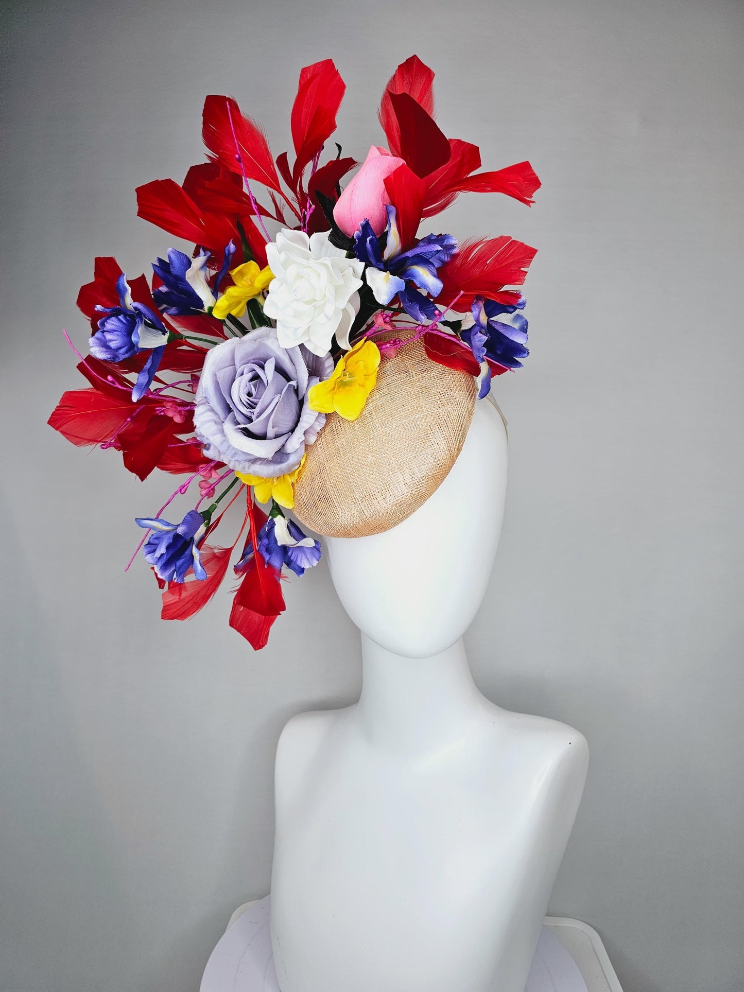 kentucky derby hat fascinator neutral beige sinamay with light purple white satin roses purple blue pink yellow satin flowers red feathers
