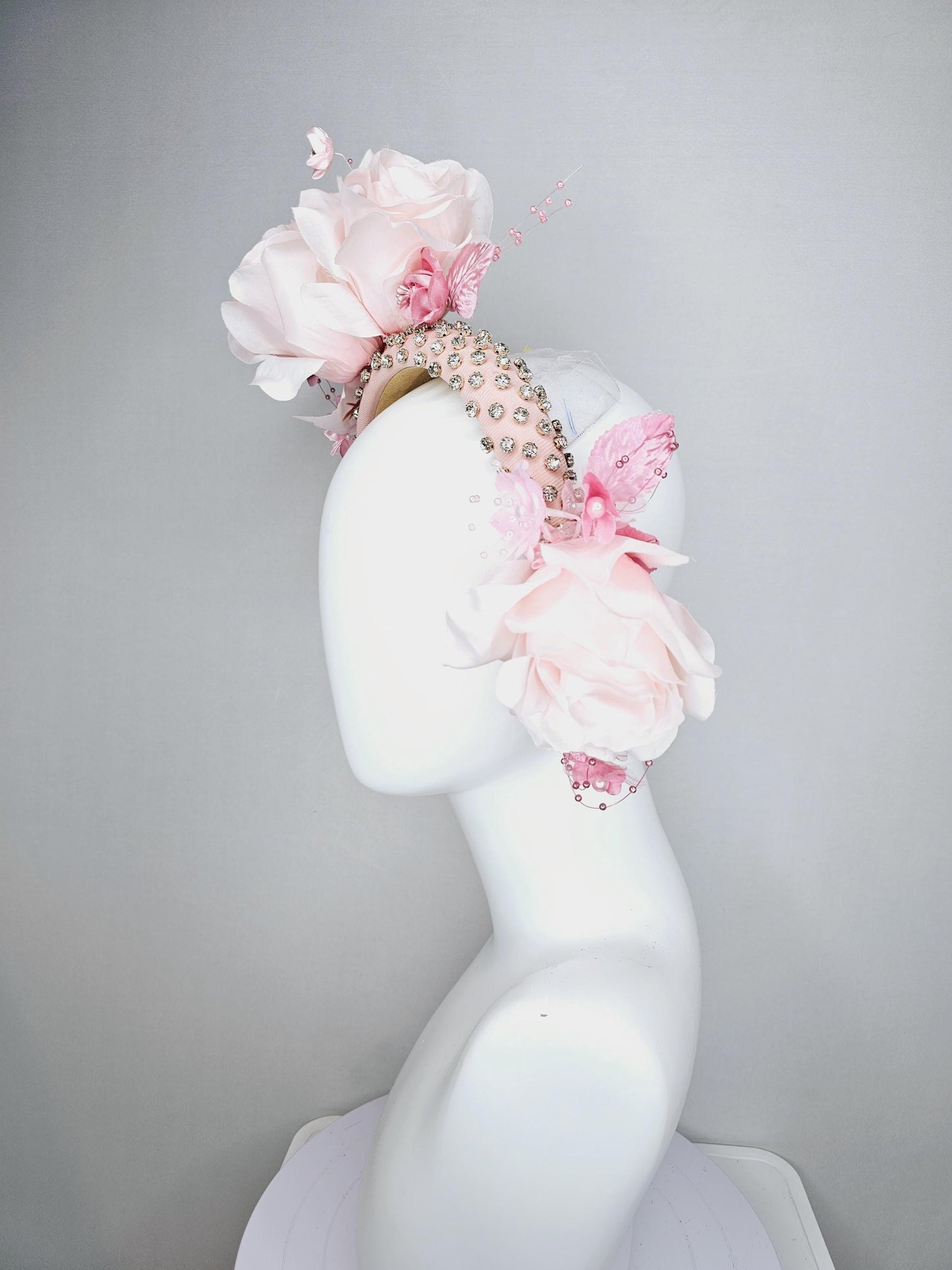 kentucky derby hat fascinator crystal beaded headband in light pink light pink blush pink satin roses light pink leaves pink pearl strings