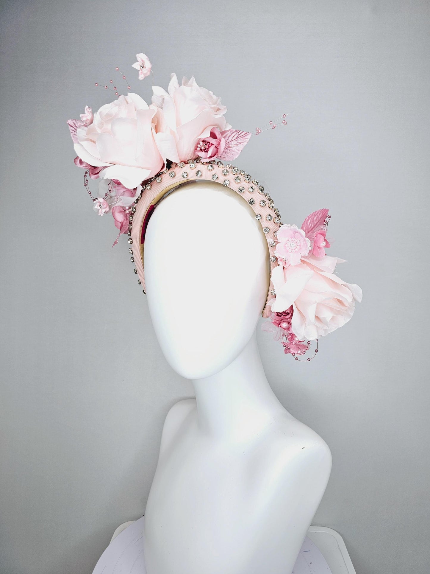 kentucky derby hat fascinator crystal beaded headband in light pink light pink blush pink satin roses light pink leaves pink pearl strings
