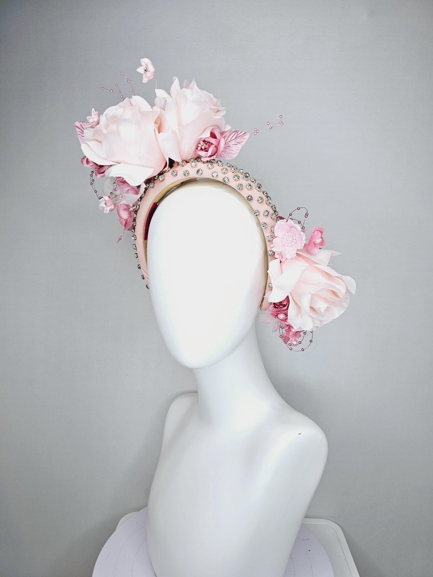 kentucky derby hat fascinator crystal beaded headband in light pink light pink blush pink satin roses light pink leaves pink pearl strings