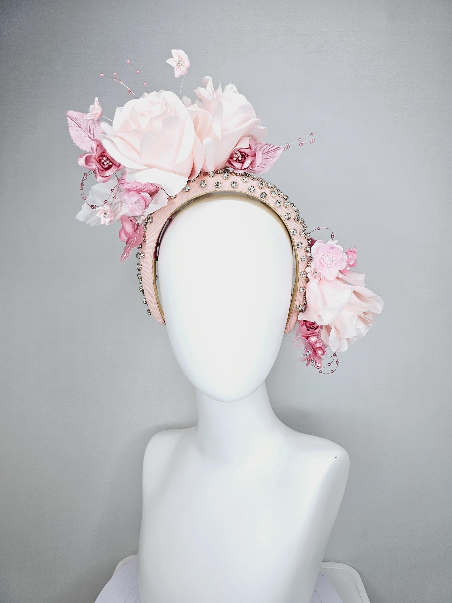 kentucky derby hat fascinator crystal beaded headband in light pink light pink blush pink satin roses light pink leaves pink pearl strings