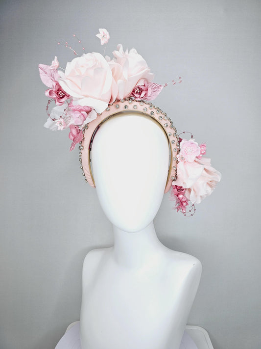 kentucky derby hat fascinator crystal beaded headband in light pink light pink blush pink satin roses light pink leaves pink pearl strings