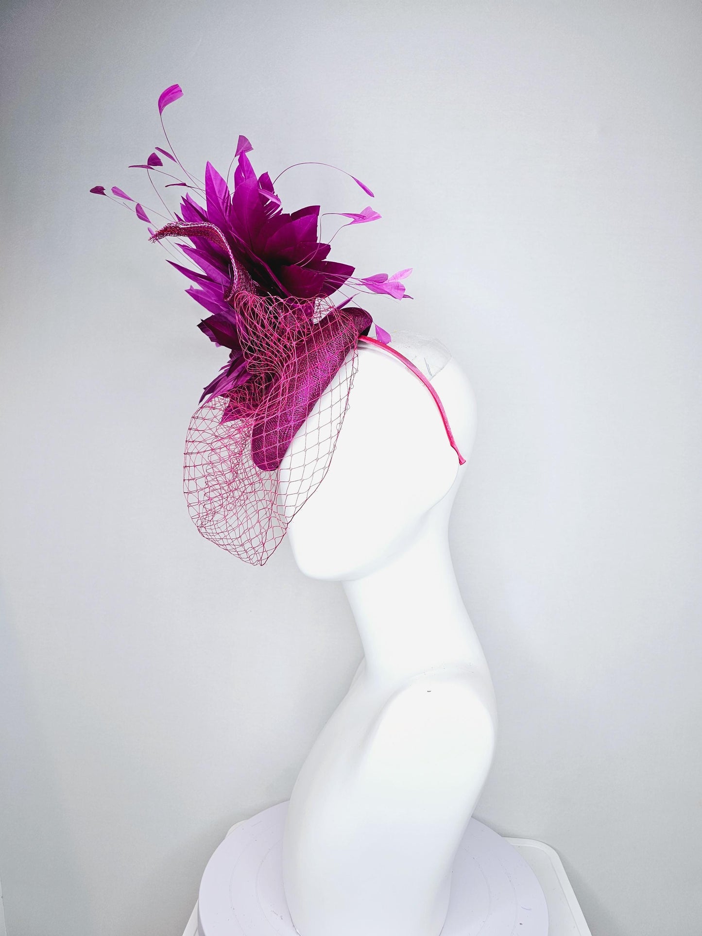 kentucky derby hat fascinator magenta purple sinamay with sinamay curls magenta purple feather flower magenta feathers with pink mesh veil