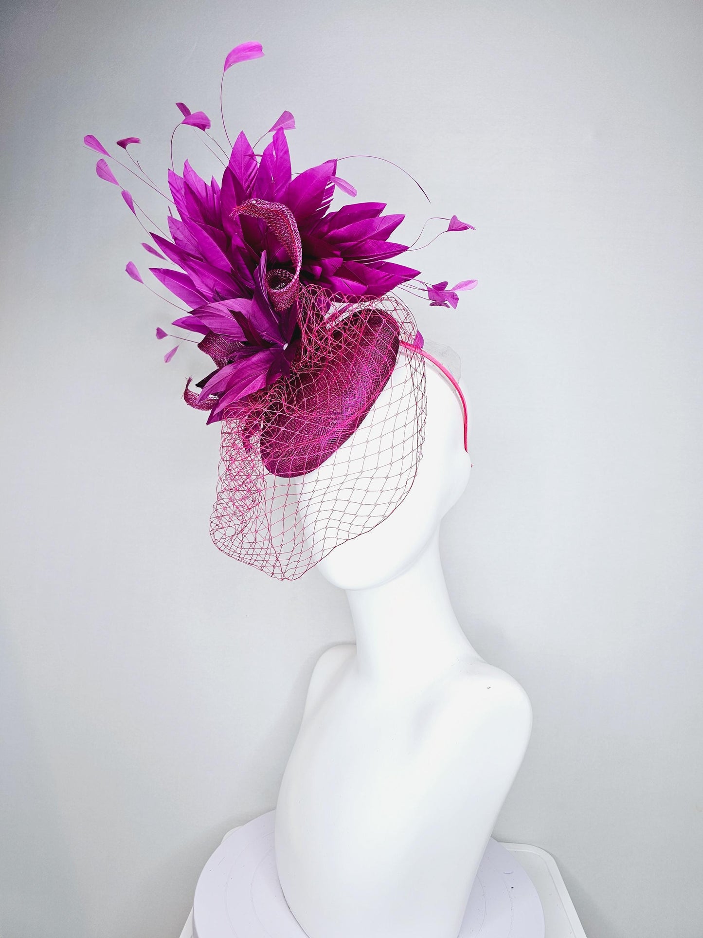 kentucky derby hat fascinator magenta purple sinamay with sinamay curls magenta purple feather flower magenta feathers with pink mesh veil