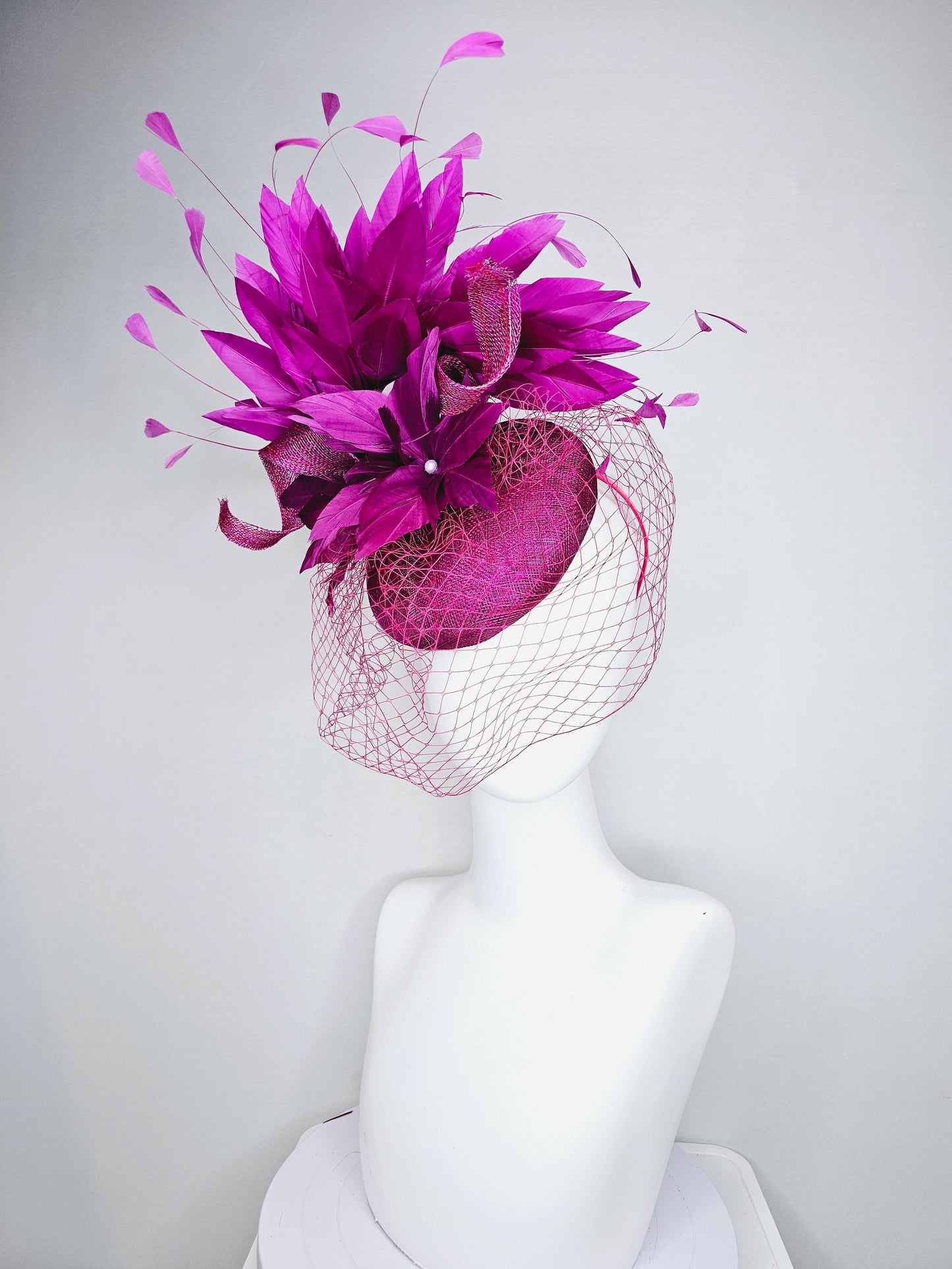 kentucky derby hat fascinator magenta purple sinamay with sinamay curls magenta purple feather flower magenta feathers with pink mesh veil