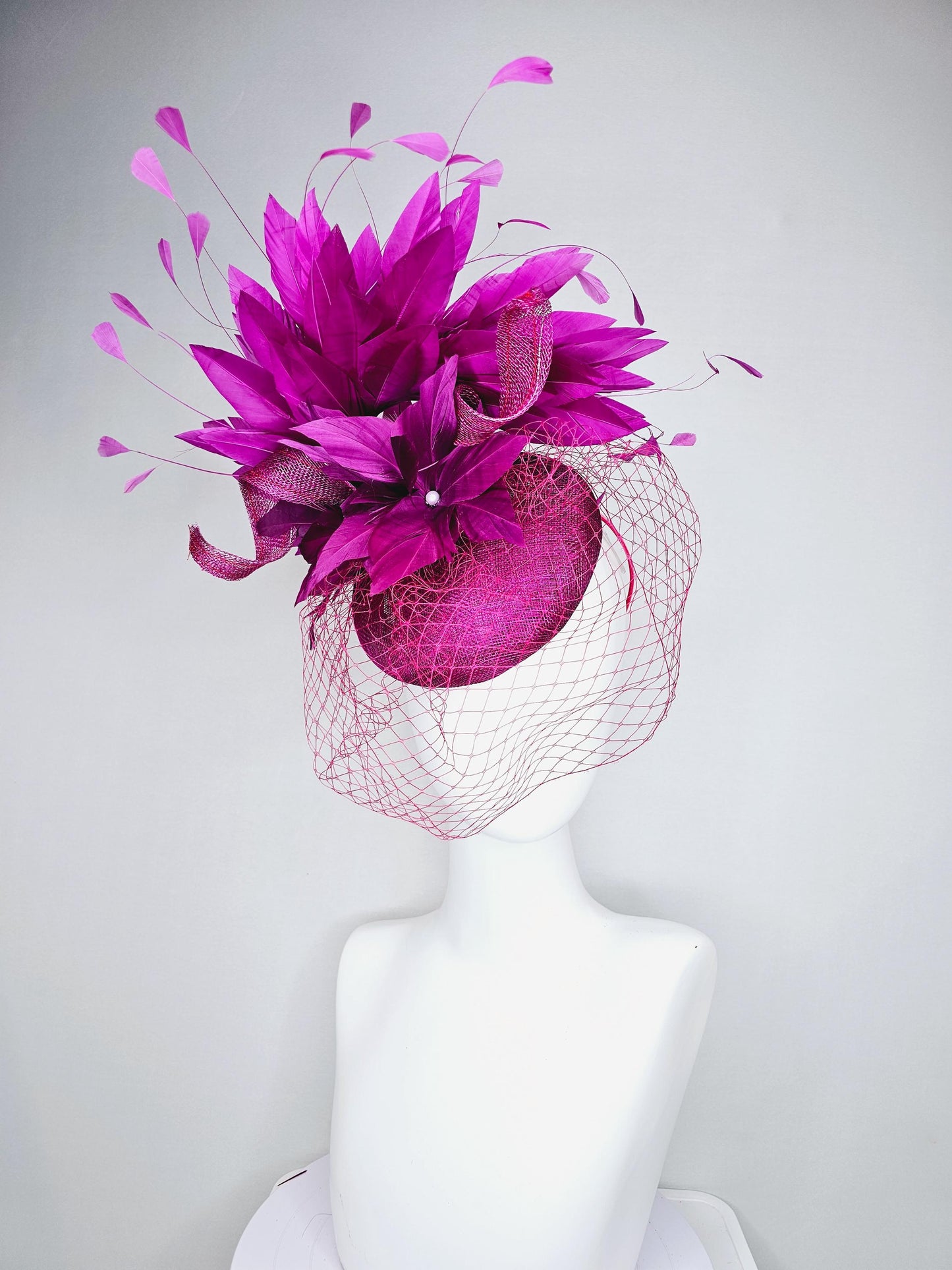 kentucky derby hat fascinator magenta purple sinamay with sinamay curls magenta purple feather flower magenta feathers with pink mesh veil