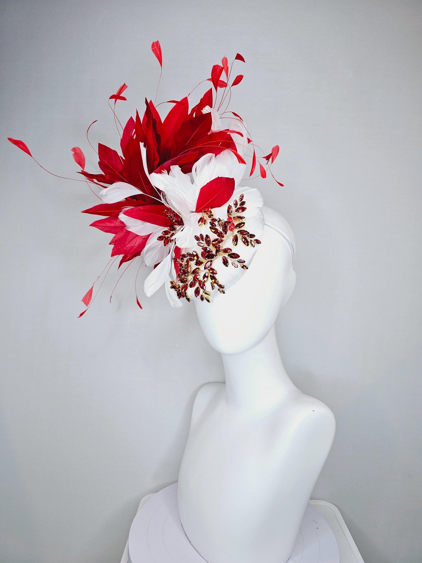 kentucky derby hat fascinator white satin with netting and red crystal beaded jewel stems with scarlet red and white branching feathers