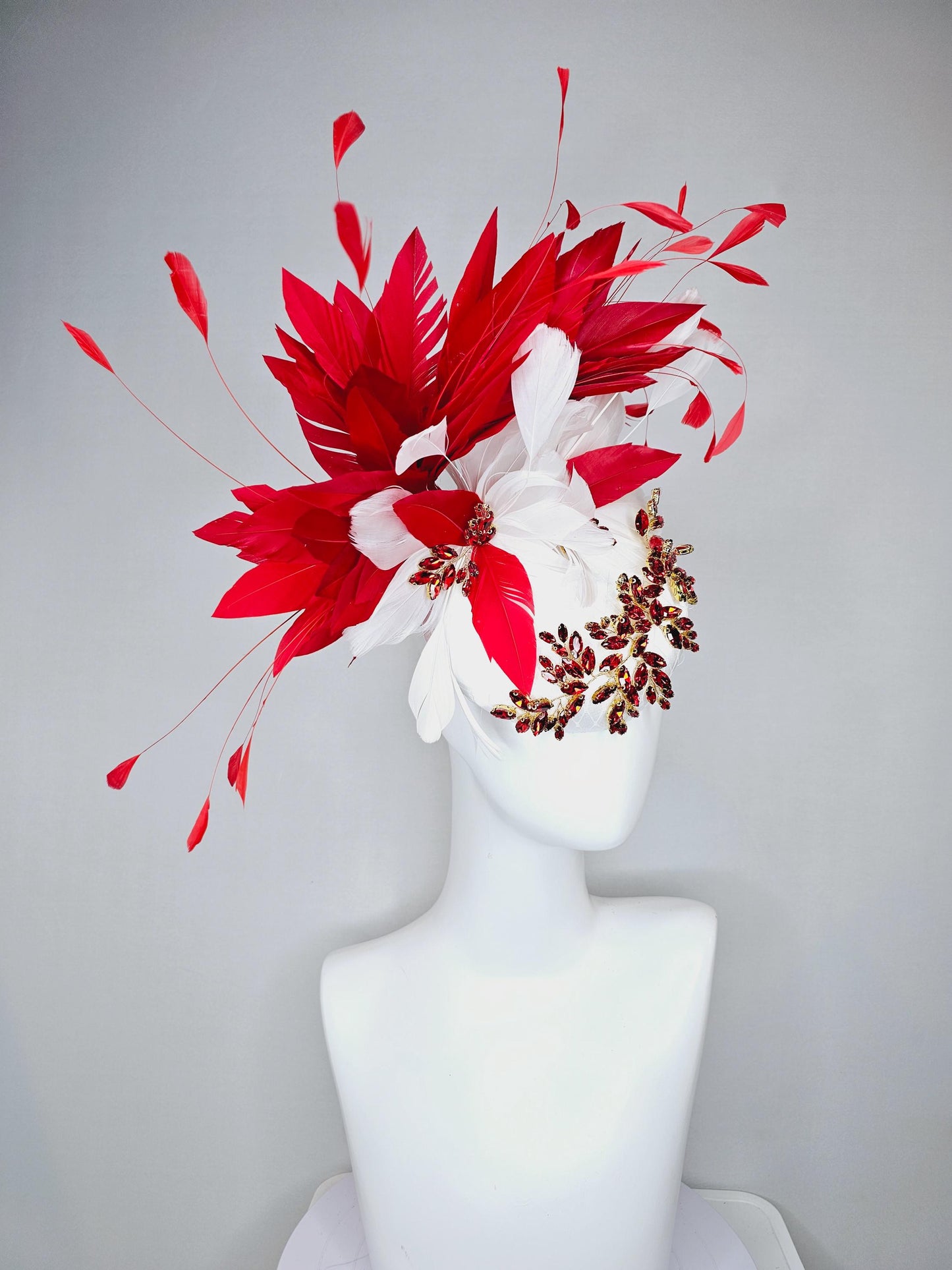 kentucky derby hat fascinator white satin with netting and red crystal beaded jewel stems with scarlet red and white branching feathers