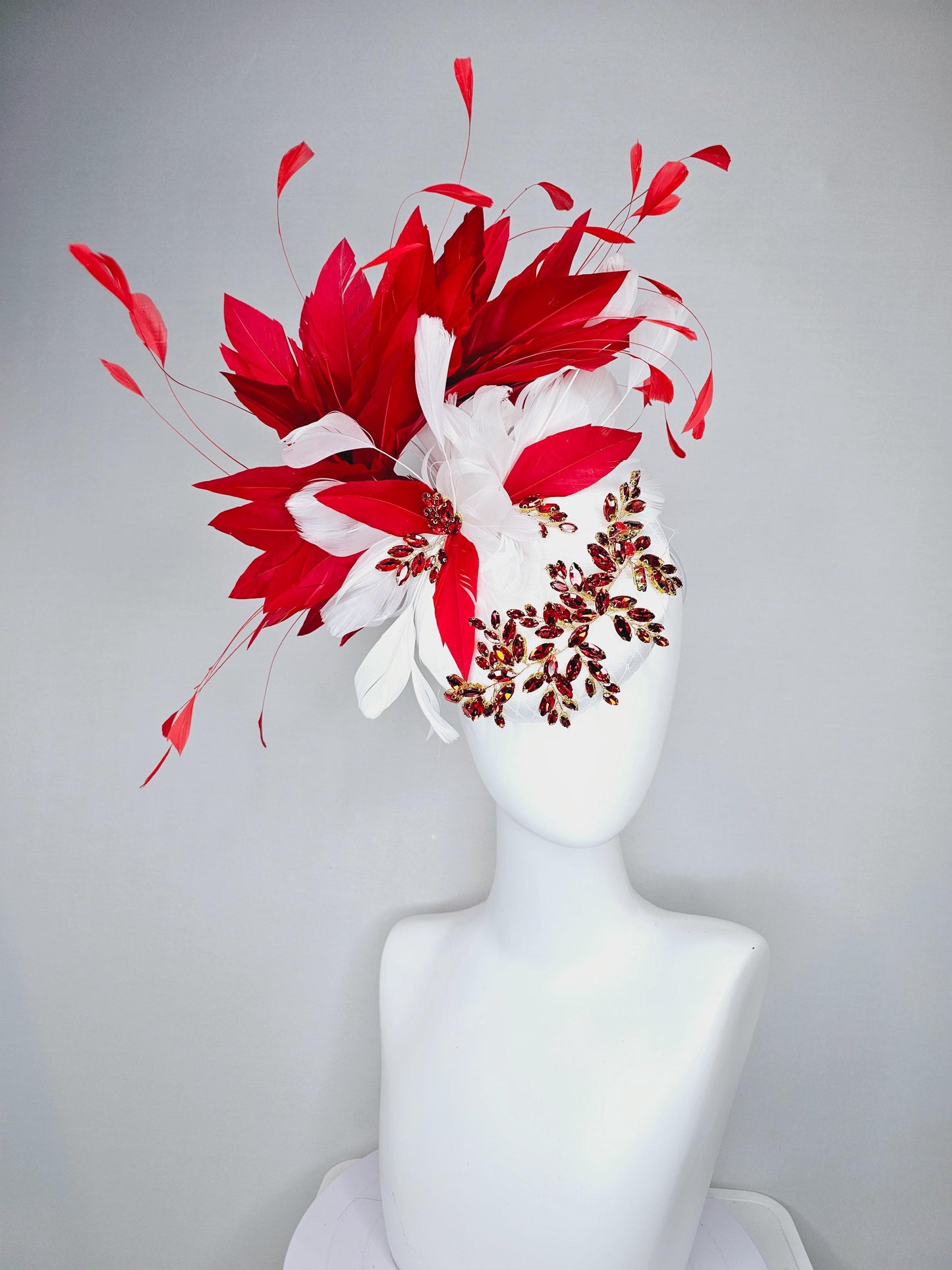kentucky derby hat fascinator white satin with netting and red crystal beaded jewel stems with scarlet red and white branching feathers
