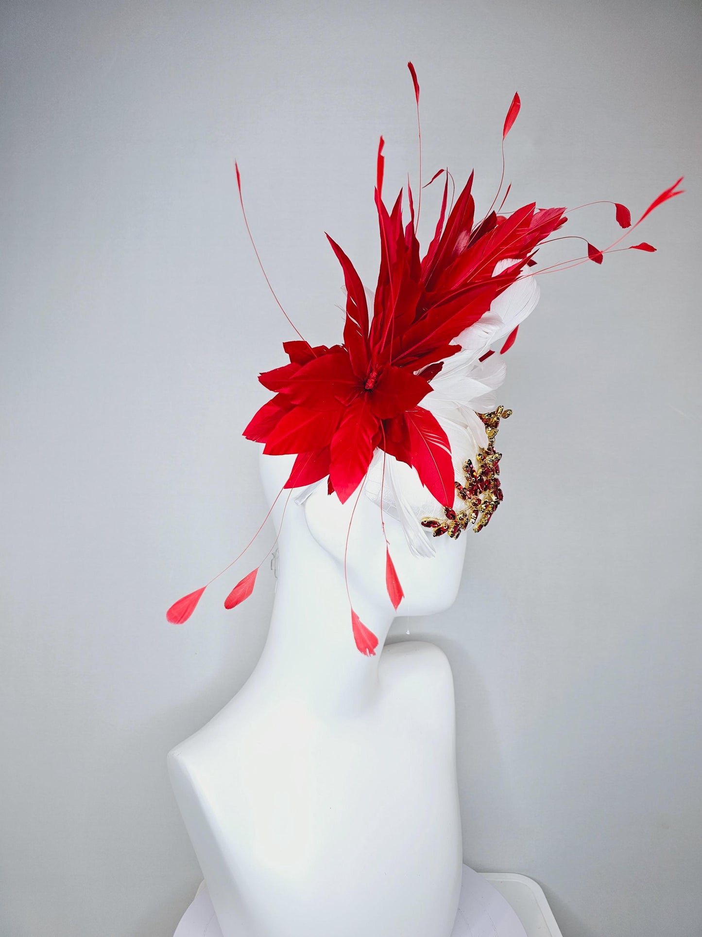 kentucky derby hat fascinator white satin with netting and red crystal beaded jewel stems with scarlet red and white branching feathers