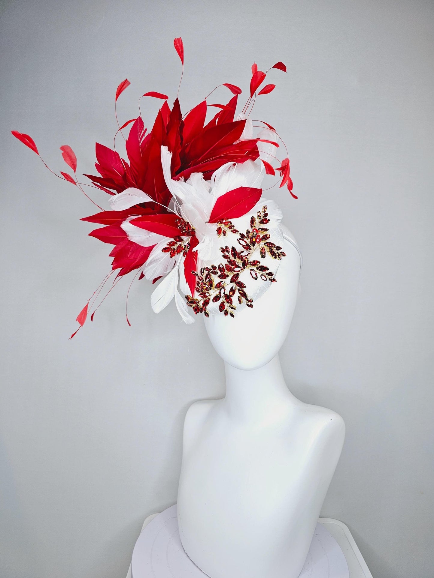 kentucky derby hat fascinator white satin with netting and red crystal beaded jewel stems with scarlet red and white branching feathers