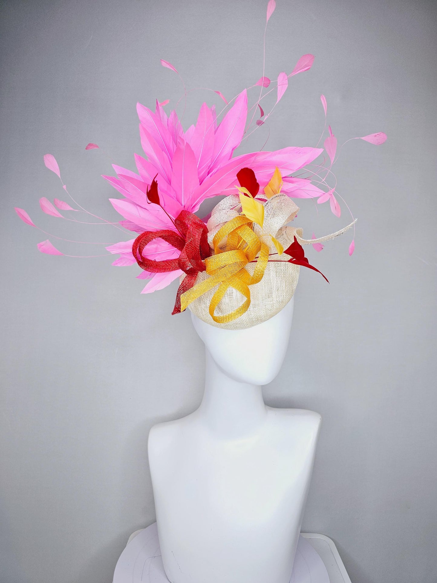 kentucky derby hat fascinator ivory white sinamay with ivory white yellow red sinamay curls with yellow red feathers pink branching feathers