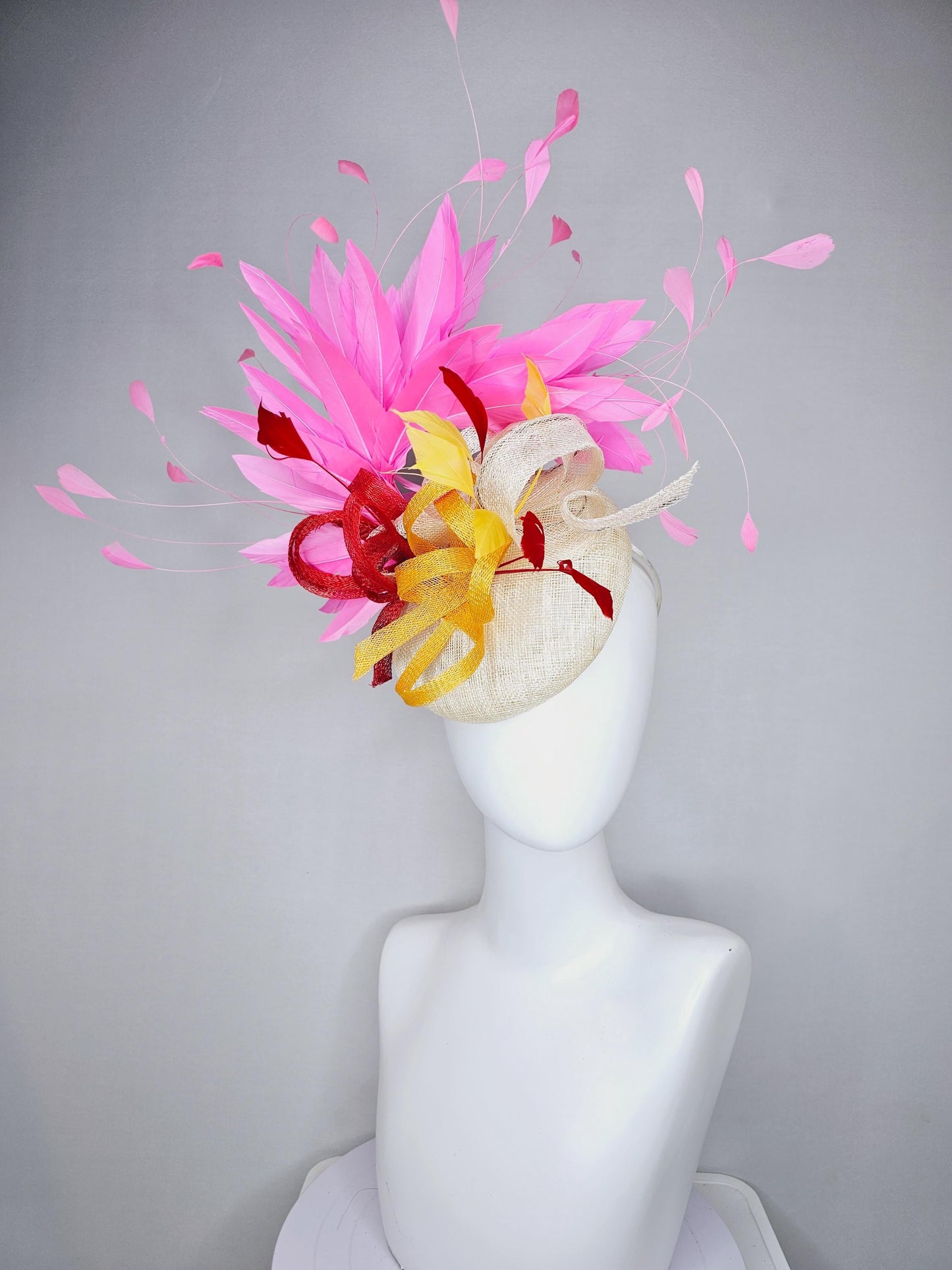 kentucky derby hat fascinator ivory white sinamay with ivory white yellow red sinamay curls with yellow red feathers pink branching feathers