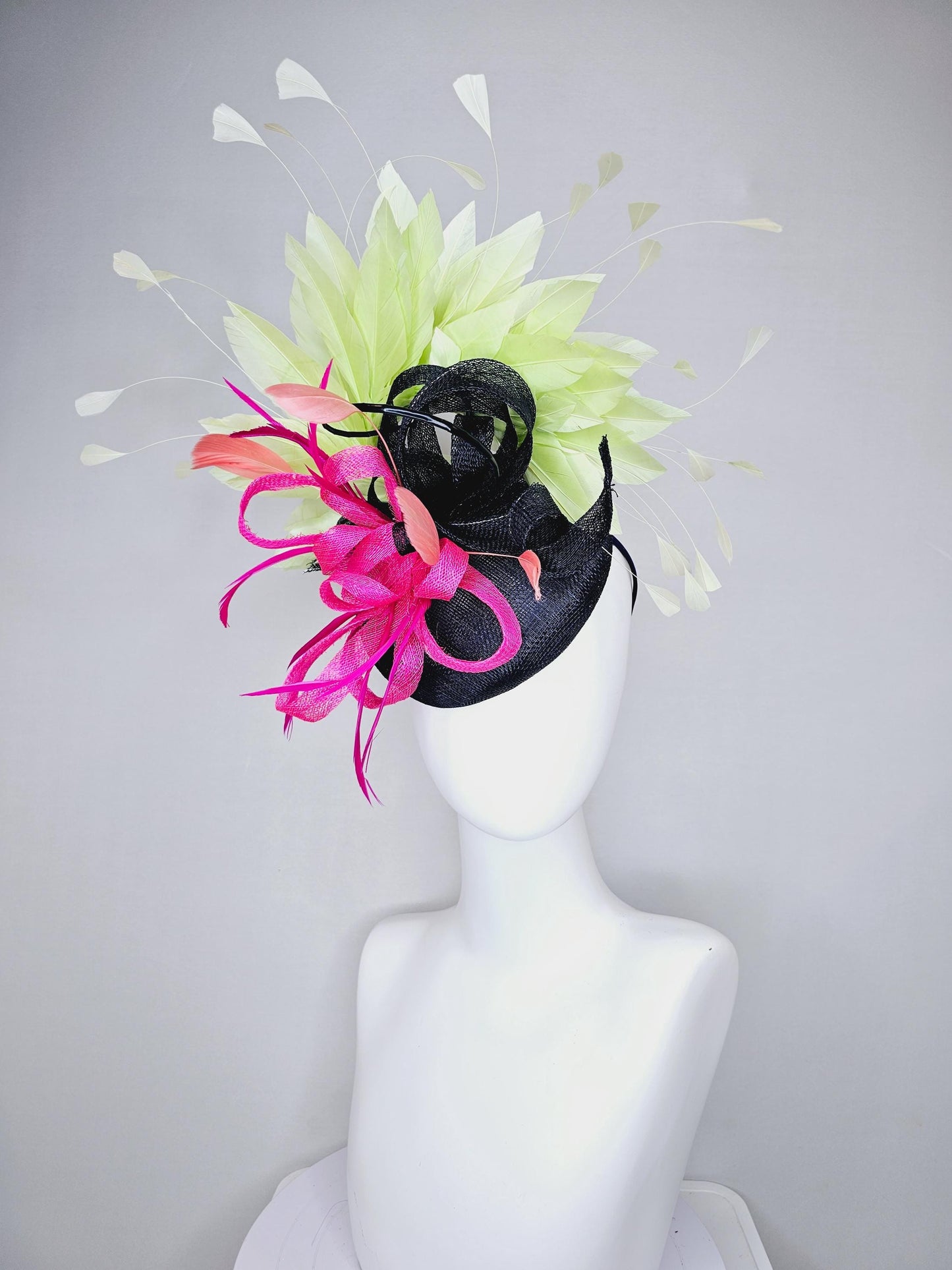 kentucky derby hat fascinator black sinamay with black and pink sinamay curls and pink feathers with light green branching feathers