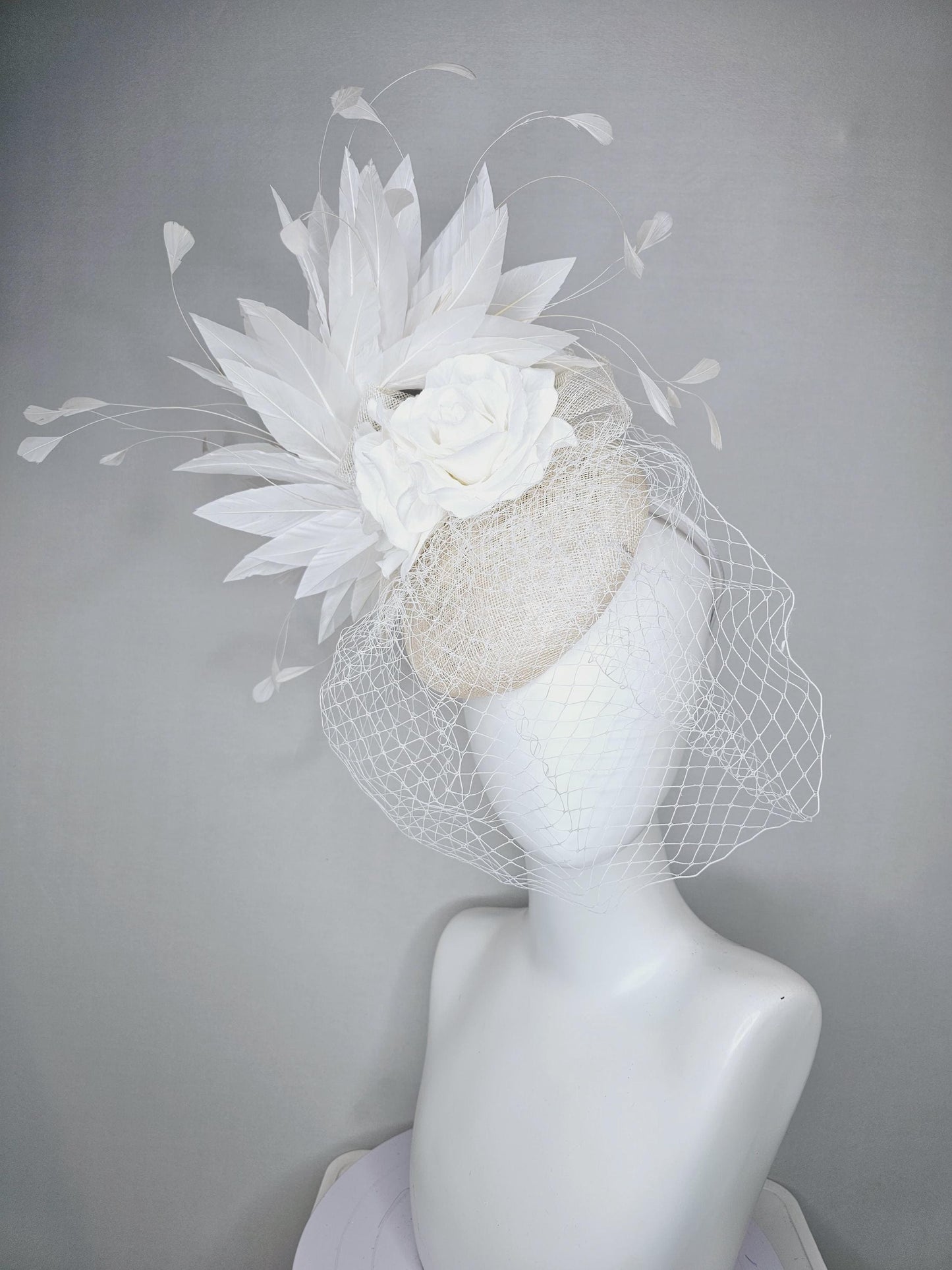 kentucky derby hat fascinator ivory white sinamay with sinamay bow and white satin roses white branching feathers with white mesh veil