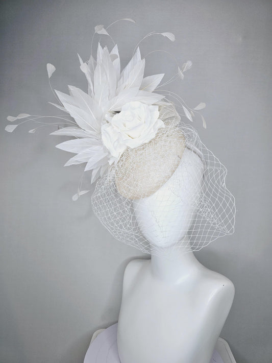 kentucky derby hat fascinator ivory white sinamay with sinamay bow and white satin roses white branching feathers with white mesh veil