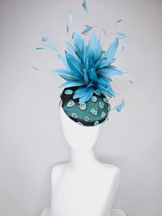 kentucky derby hat fascinator dark green satin with netting and green iridescent crystal rhinestone beaded fluffy peacock teal blue feathers