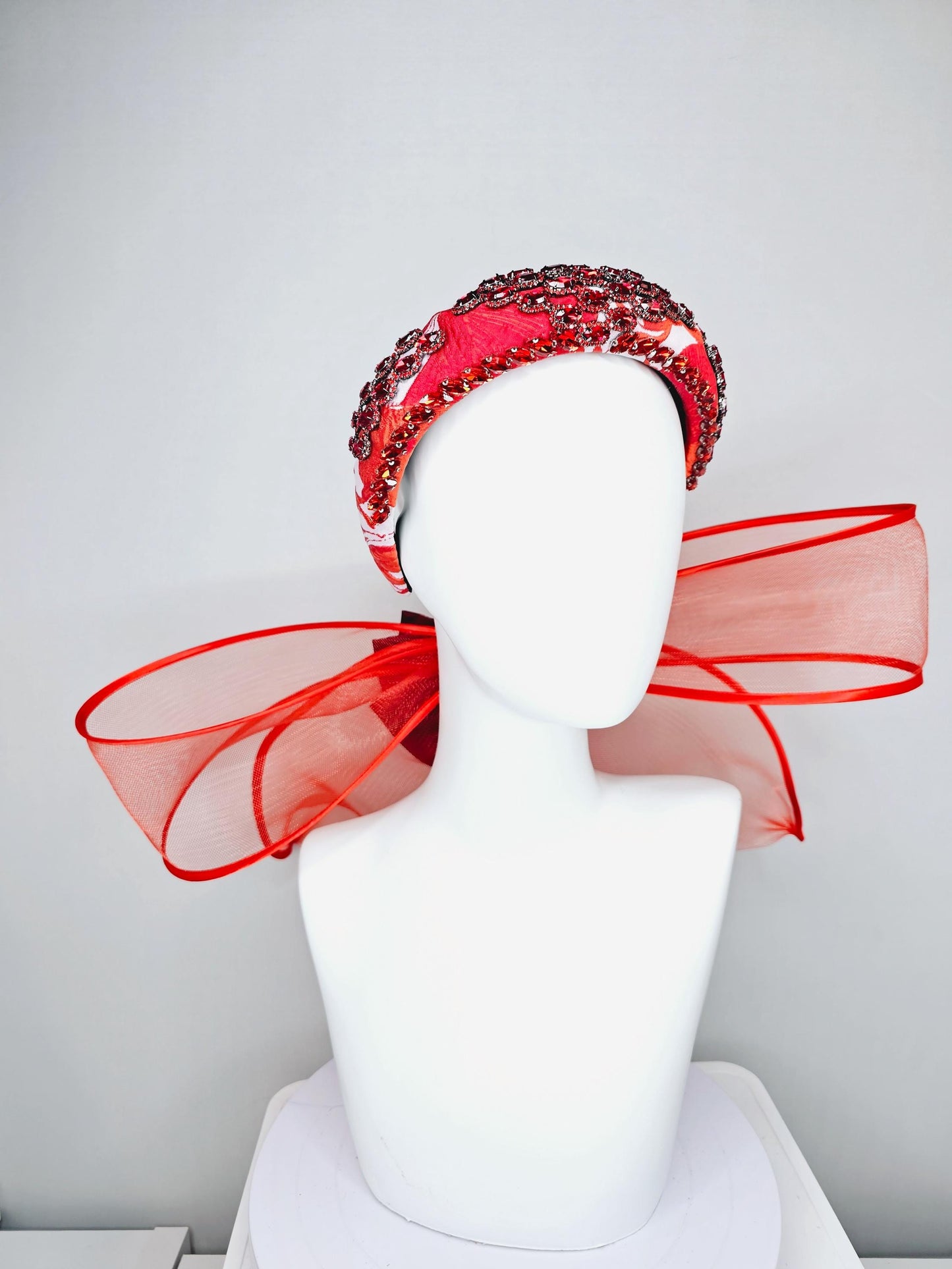 kentucky derby hat fascinator red white printed headband with red crystal rhinestone encrusted jewels large red mesh bow dark red satin bow