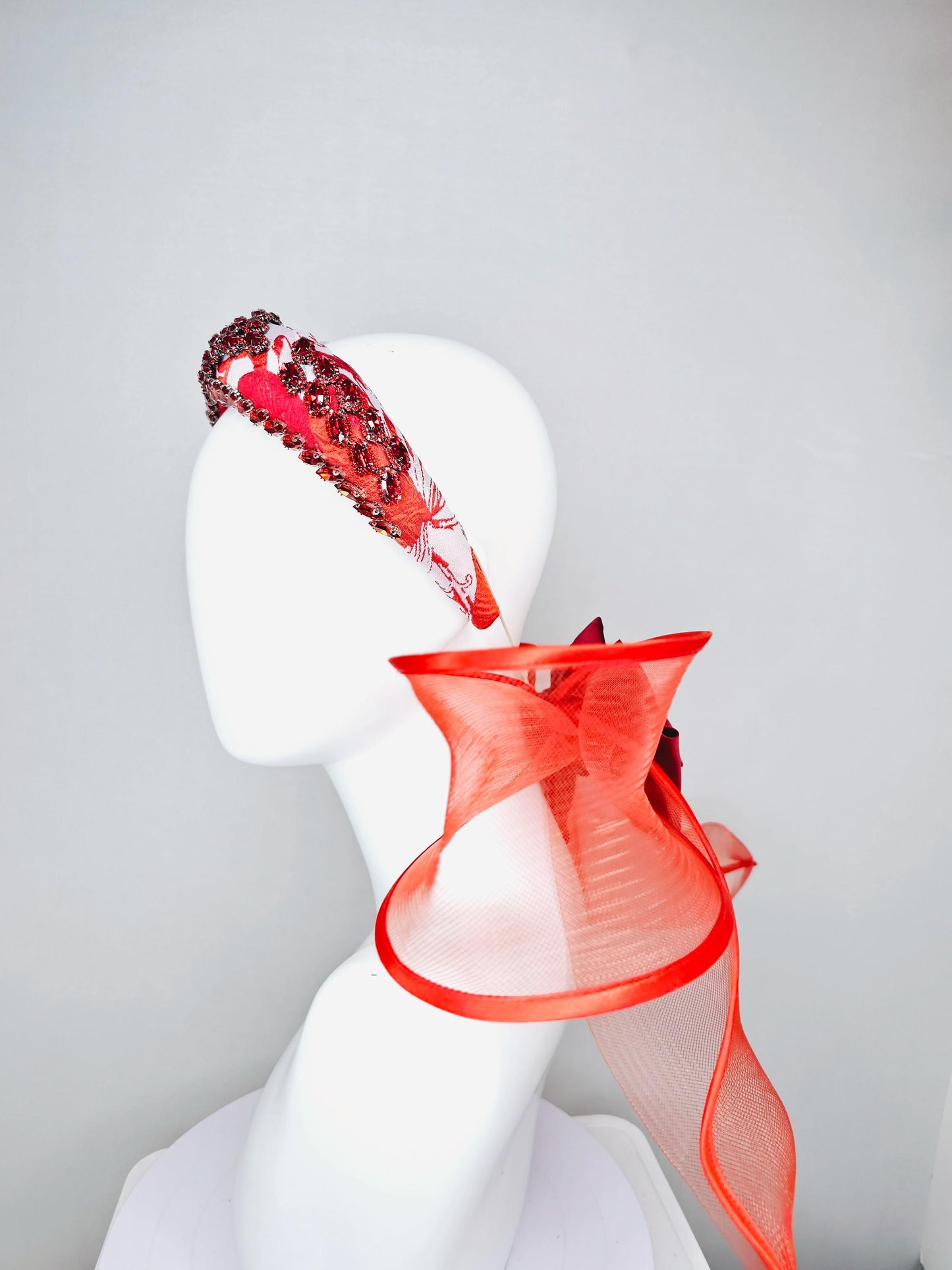 kentucky derby hat fascinator red white printed headband with red crystal rhinestone encrusted jewels large red mesh bow dark red satin bow
