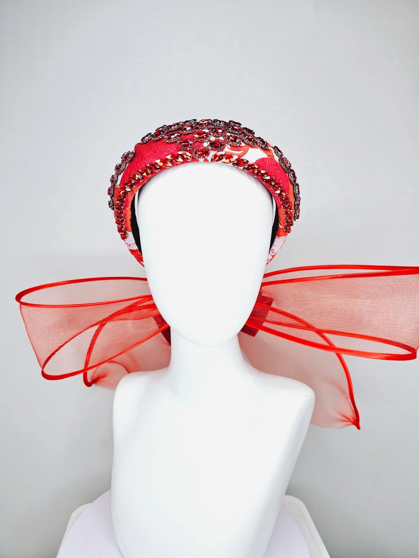 kentucky derby hat fascinator red white printed headband with red crystal rhinestone encrusted jewels large red mesh bow dark red satin bow