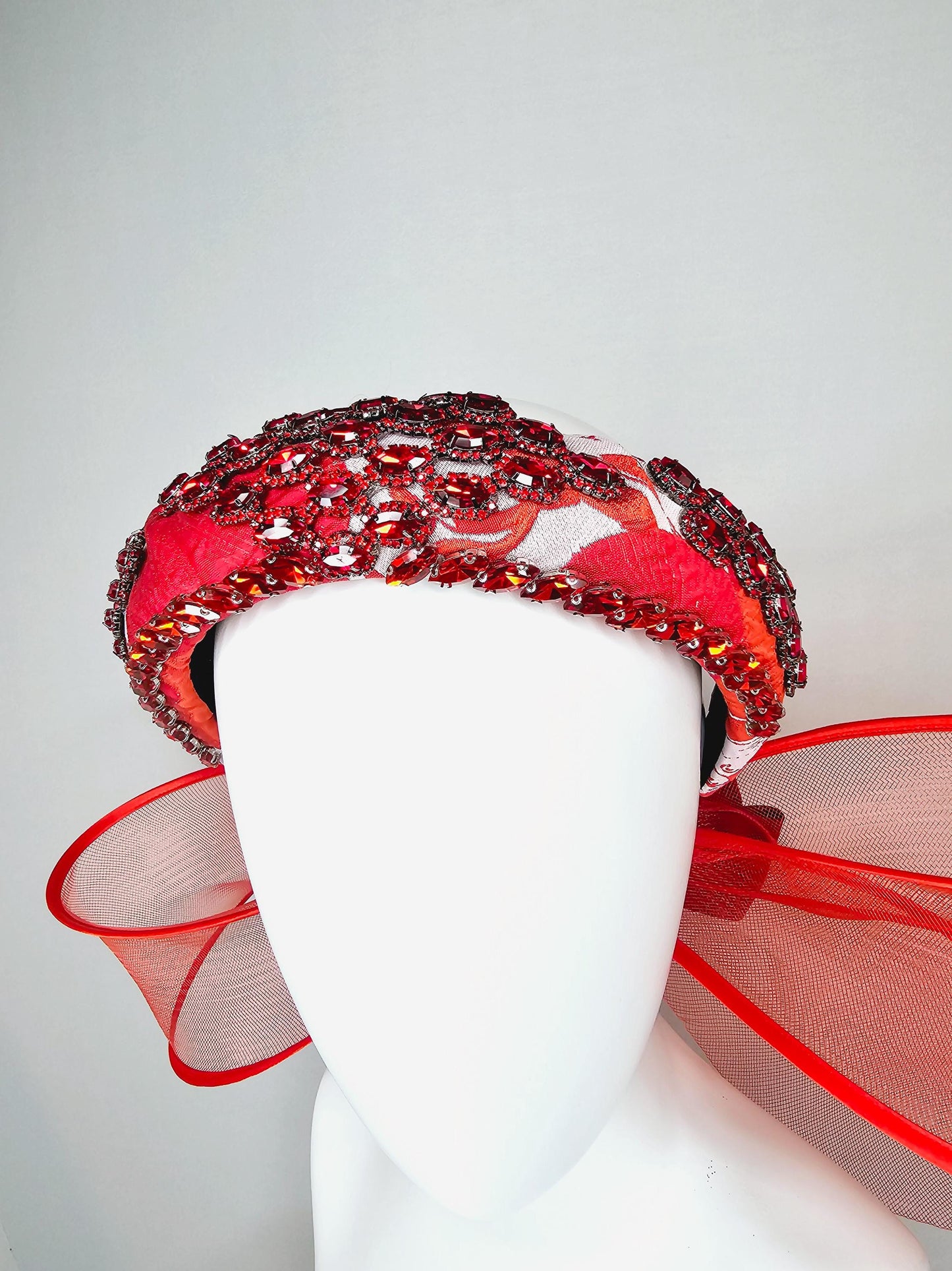 kentucky derby hat fascinator red white printed headband with red crystal rhinestone encrusted jewels large red mesh bow dark red satin bow
