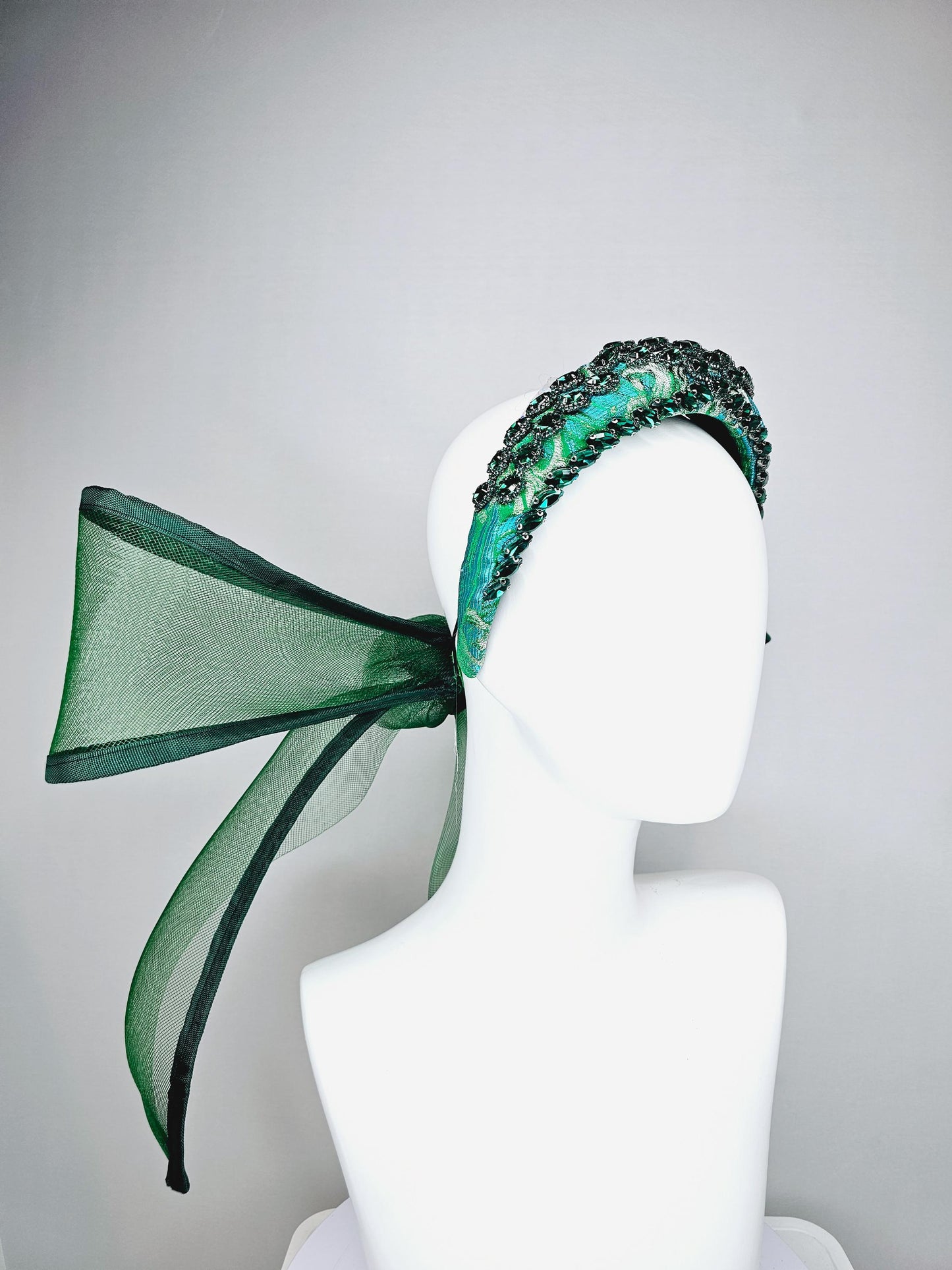 kentucky derby hat fascinator blue green headband with dark emerald green crystal rhinestone encrusted jewels large hunter green mesh bow
