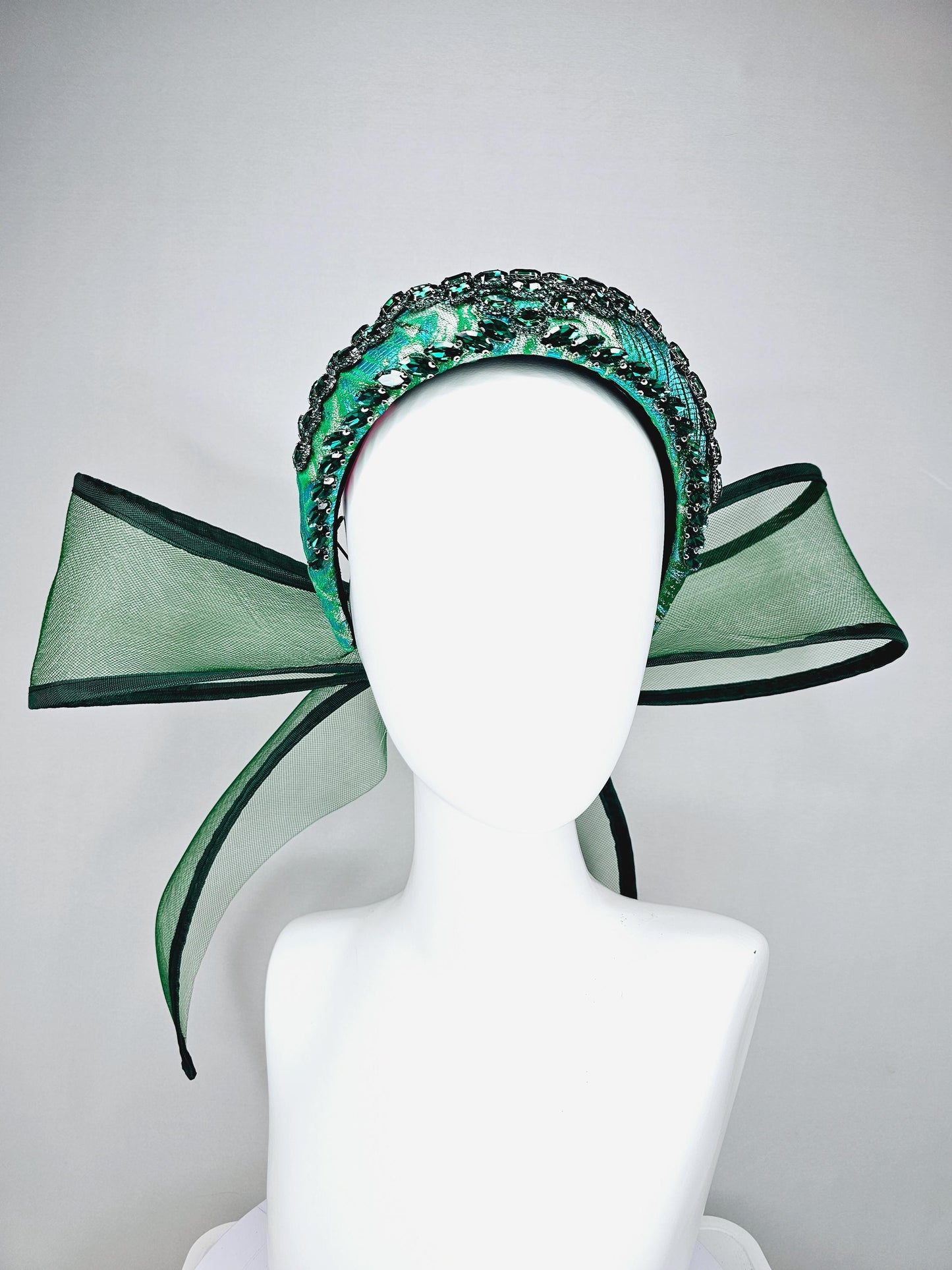 kentucky derby hat fascinator blue green headband with dark emerald green crystal rhinestone encrusted jewels large hunter green mesh bow