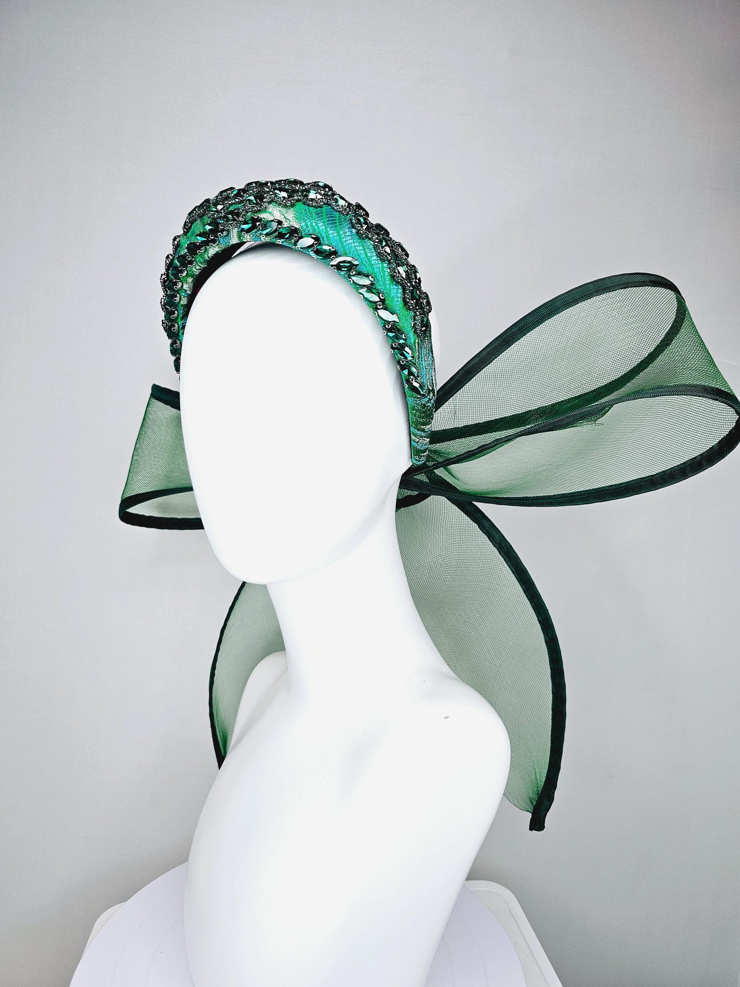 kentucky derby hat fascinator blue green headband with dark emerald green crystal rhinestone encrusted jewels large hunter green mesh bow
