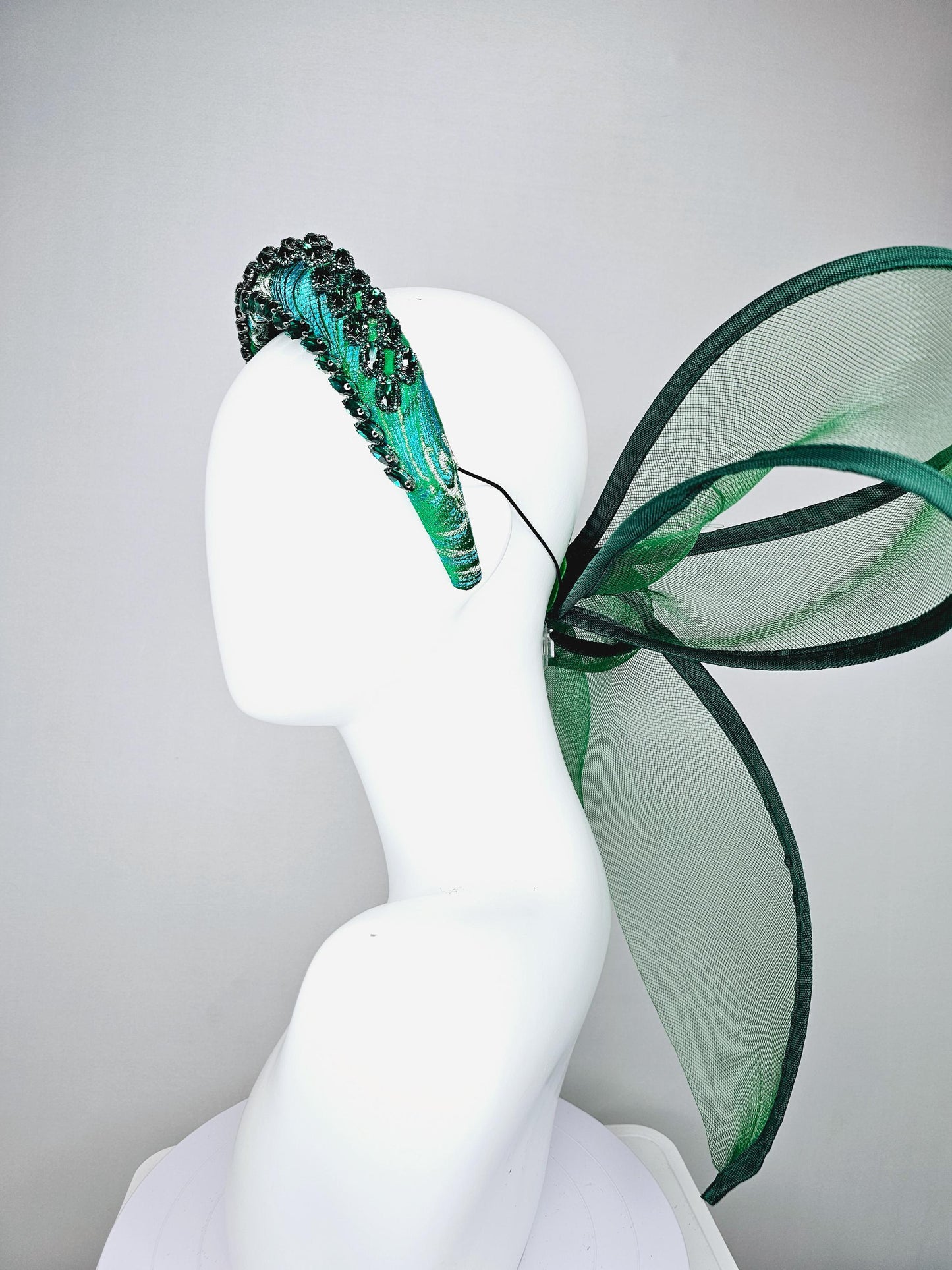 kentucky derby hat fascinator blue green headband with dark emerald green crystal rhinestone encrusted jewels large hunter green mesh bow