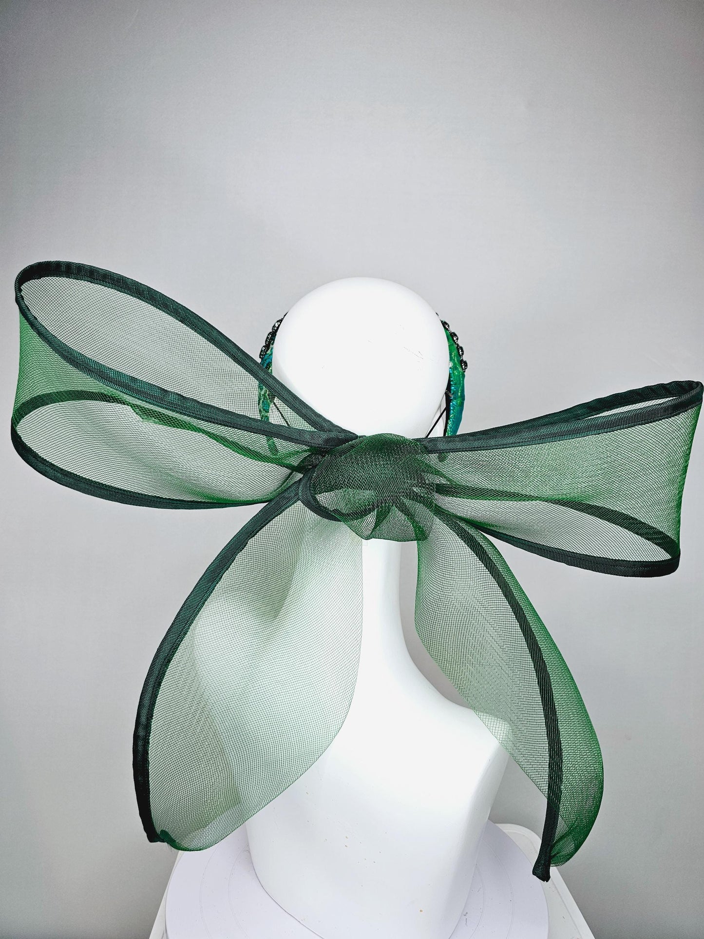 kentucky derby hat fascinator blue green headband with dark emerald green crystal rhinestone encrusted jewels large hunter green mesh bow
