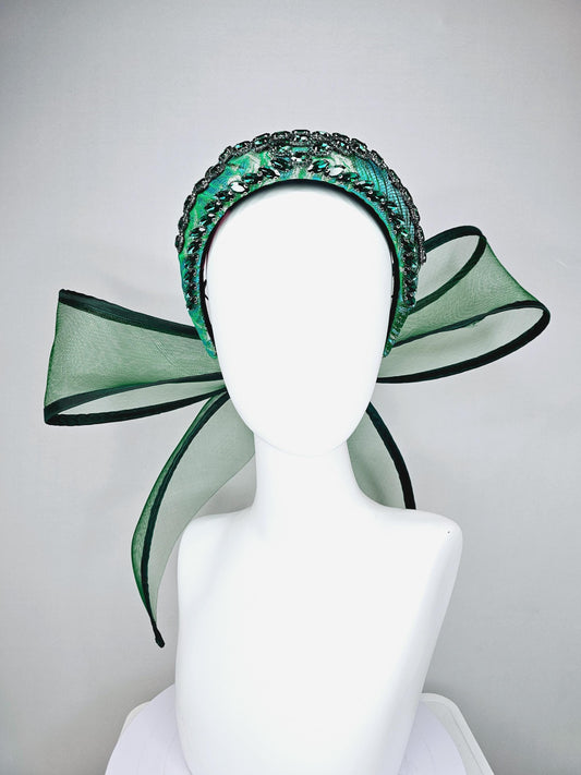 kentucky derby hat fascinator blue green headband with dark emerald green crystal rhinestone encrusted jewels large hunter green mesh bow