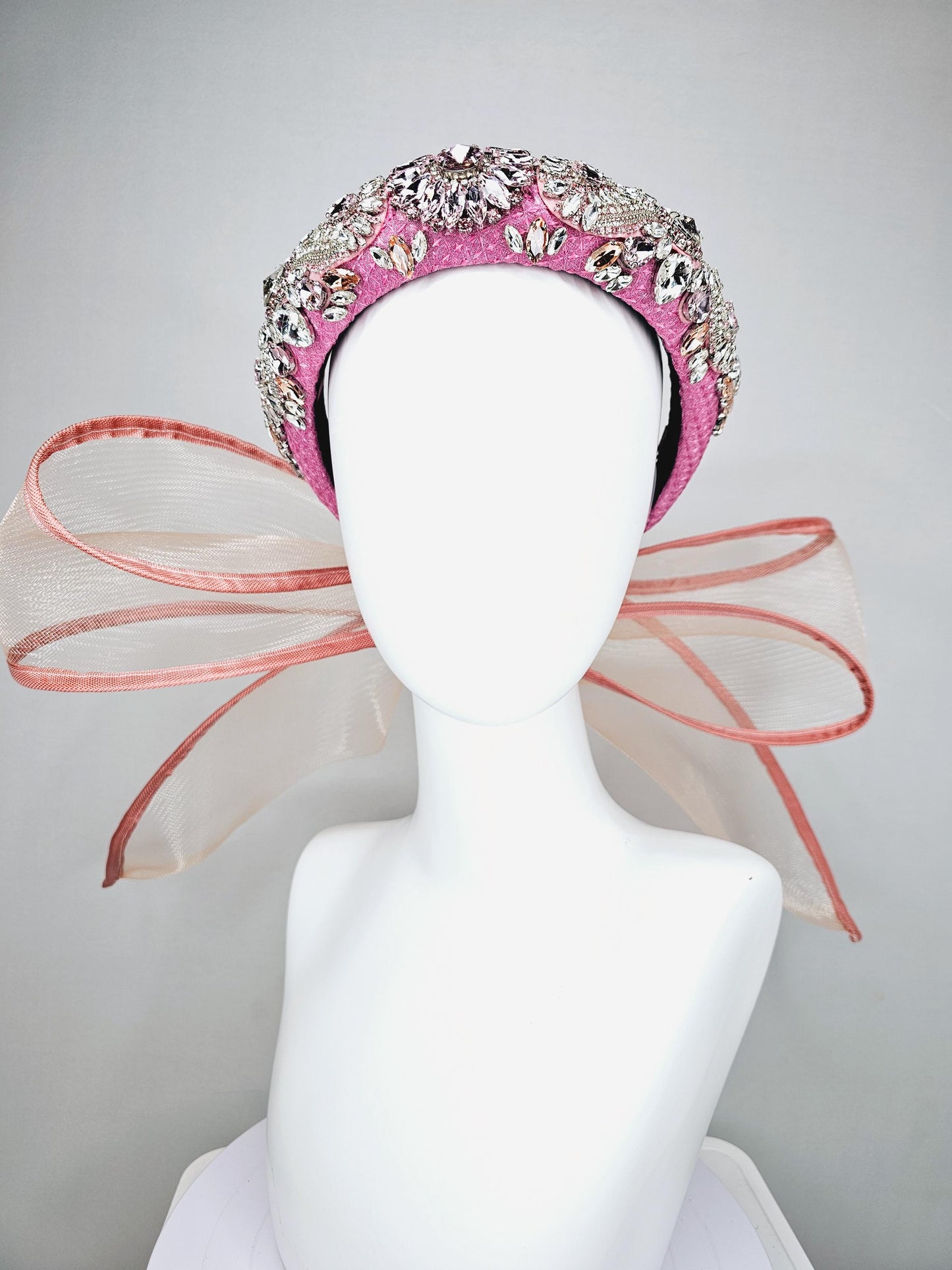 kentucky derby hat fascinator pink headband with iridescent pink tones crystal rhinestone encrusted jewels large dusty blush pink mesh bow