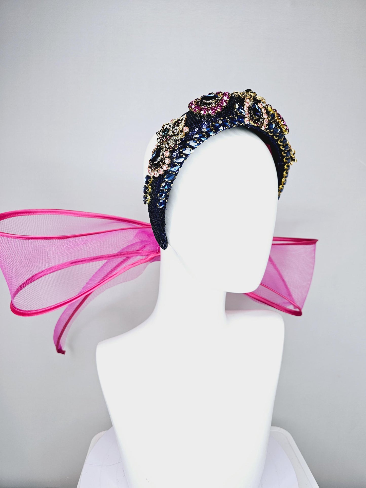 kentucky derby hat fascinator dark blue sequin headband blue purple pink crystal rhinestone encrusted gold jewels large hot pink mesh bow