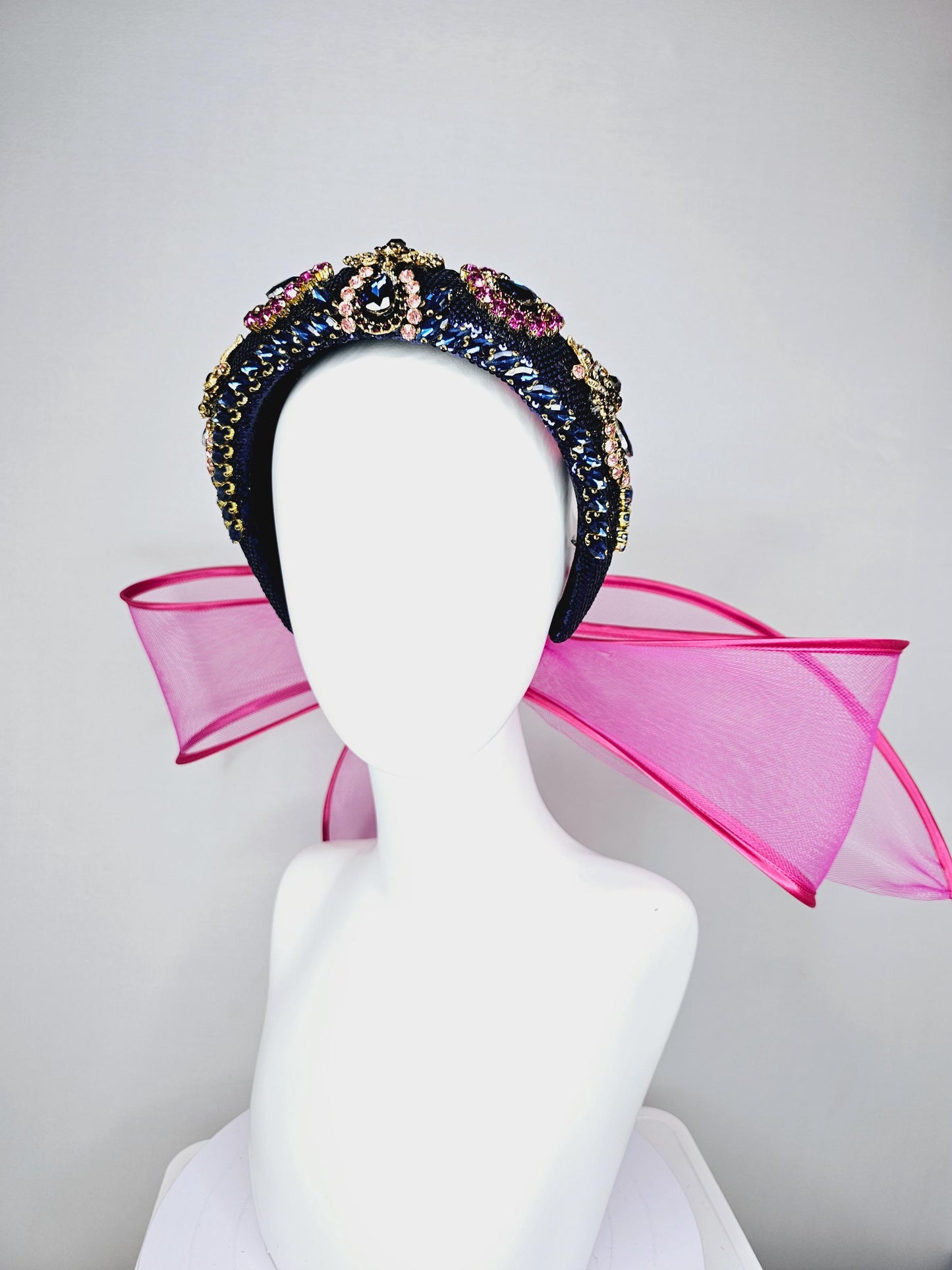 kentucky derby hat fascinator dark blue sequin headband blue purple pink crystal rhinestone encrusted gold jewels large hot pink mesh bow